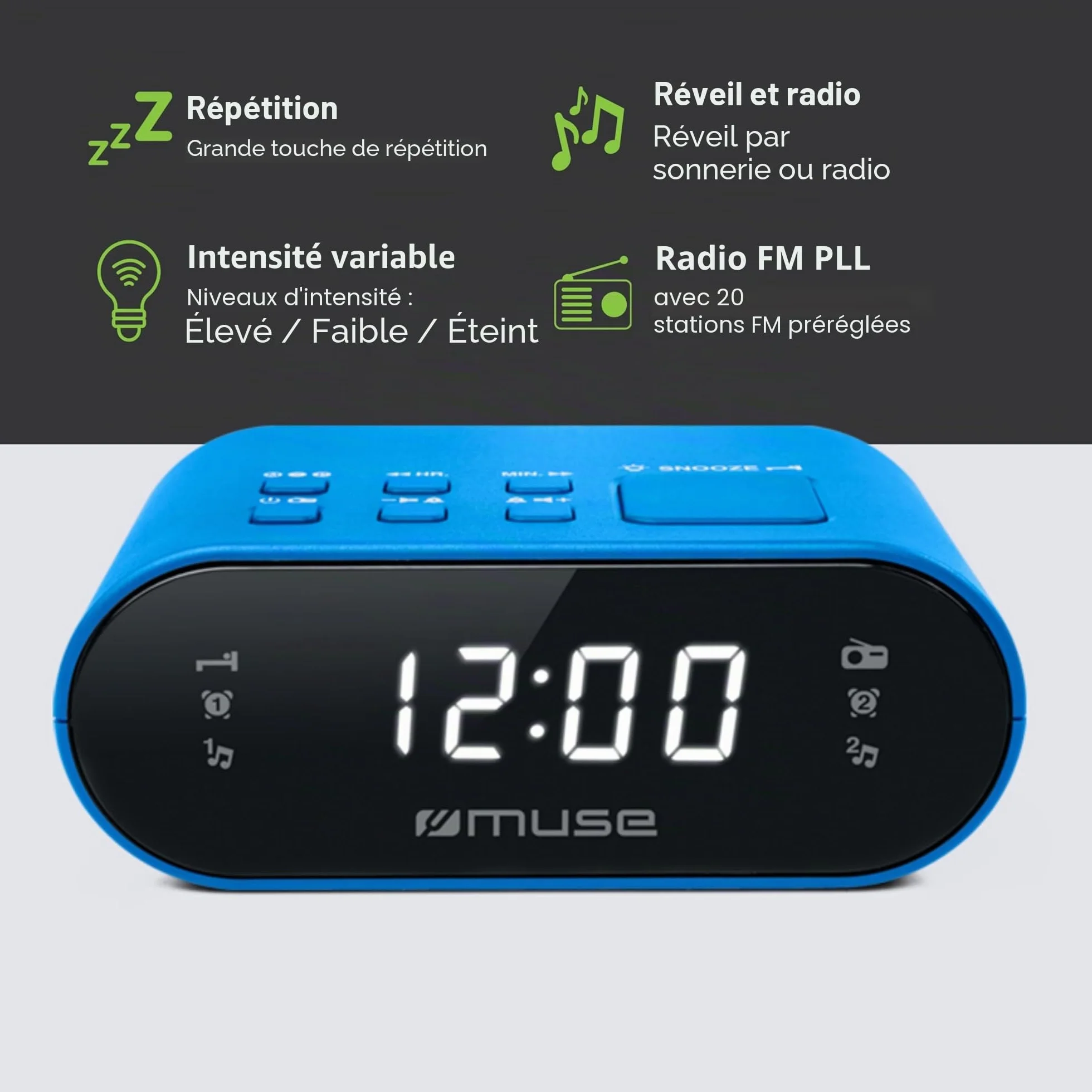 Muse M-10 BL Radio-réveil avec écran LED, 20 stations mémorisables Bleu
