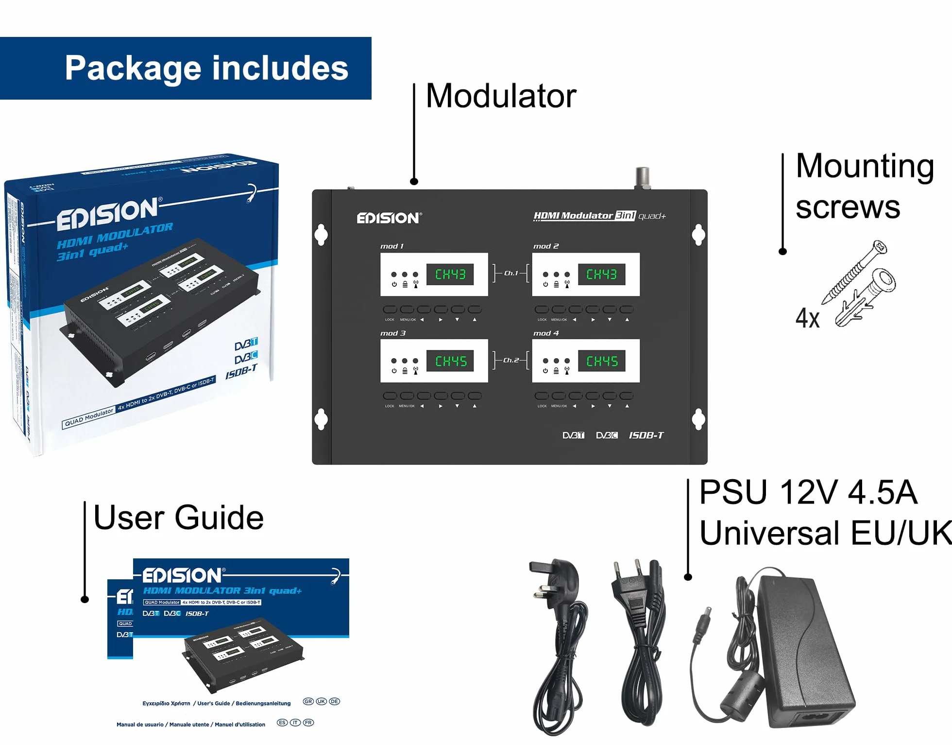 EDISION Modulateur HDMI 3in1 Quad+ RF 4X HDMI DVB-T ISDB-T DVB-C Full HD Coaxial Plug and Play
