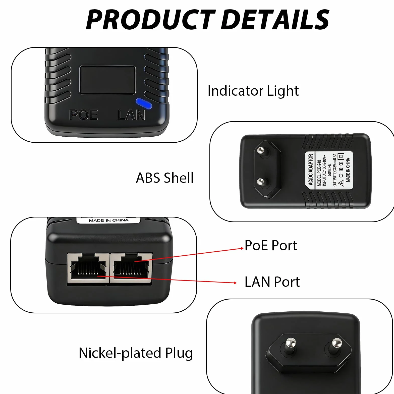 48V 0.5A PoE Adaptateur Injecteur Ethernet, 24W Adaptateur d’Alimentation Ethernet avec Débit 100Mbps et Voyant LED, 48V PoE Injecteur Mural avec Prise EU, pour Caméra IP AP WiFi Téléphone VoIP