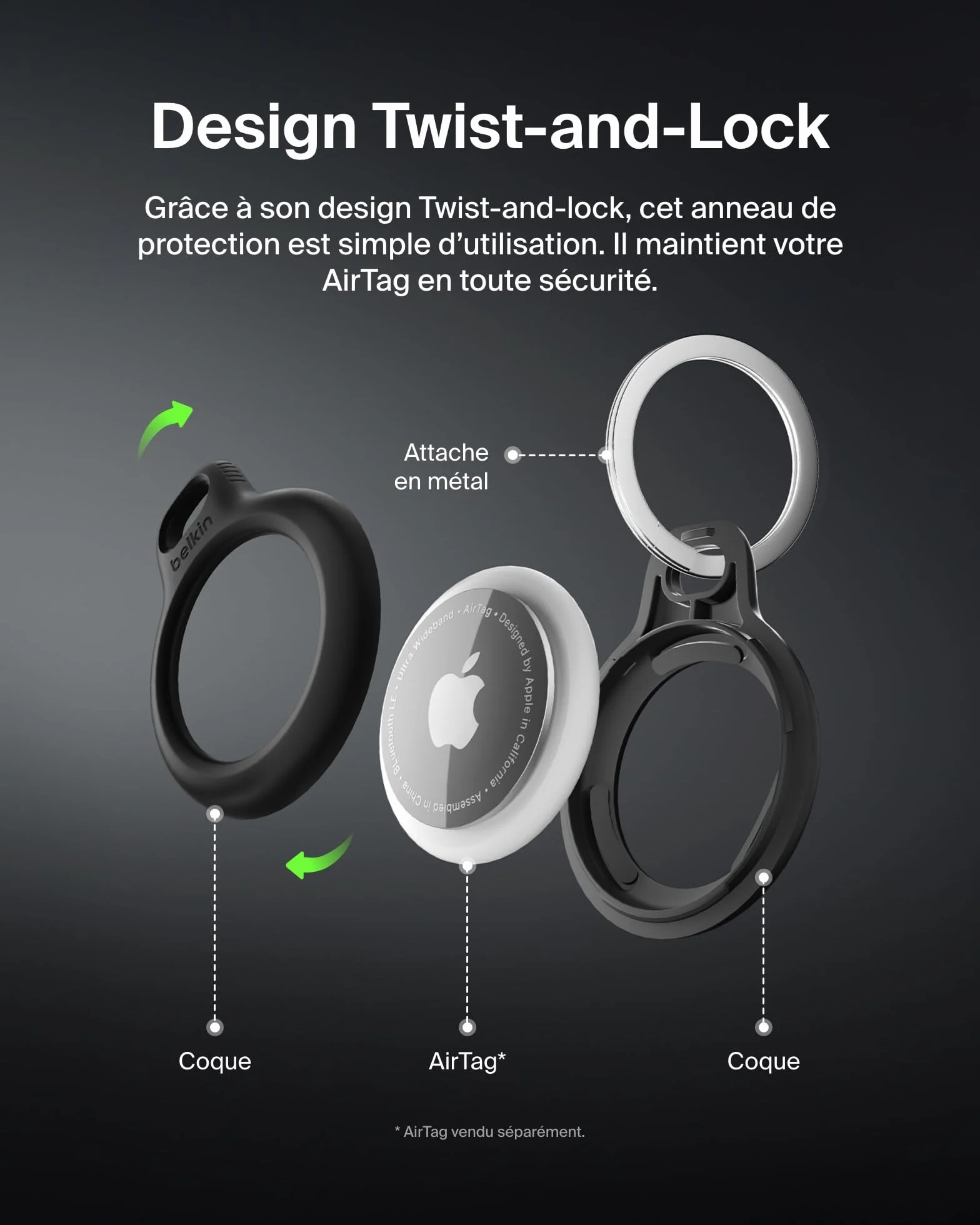 Belkin Anneau de protection avec attache en métal (protection pour AirTag, accessoire résistant aux rayures, Noir)