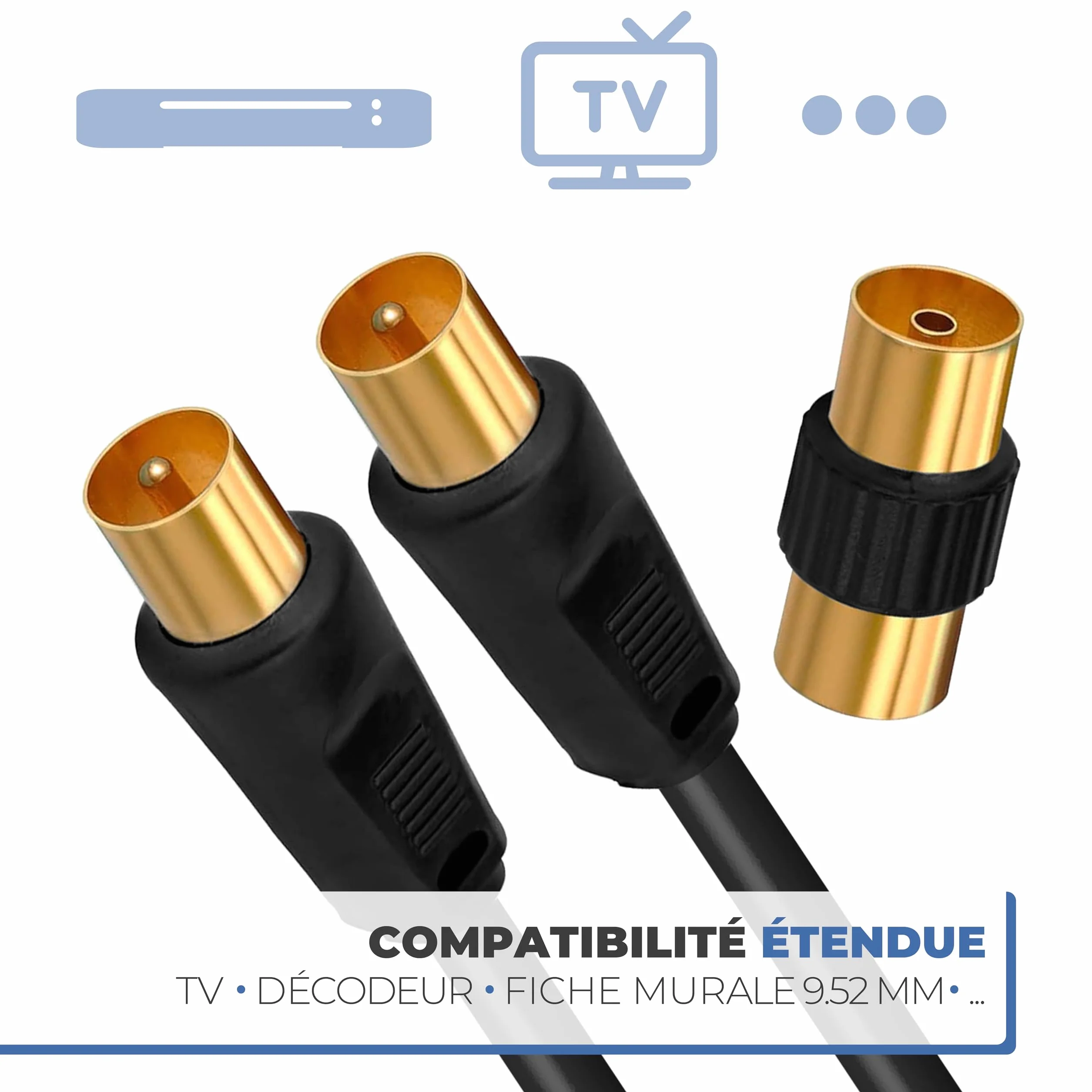 APM Câble TV Antenne 9.52mm, 5 Mètres, Connecteurs Gold Mâle/Mâle, Cordon Coaxial Noir avec Adaptateur Femelle/Femelle Inclus, Compatible TV Décodeur TNT Fiche Murale 9.52mm, 408026, 5m