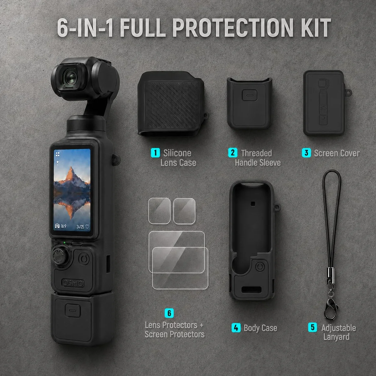 Silicone Coque pour DJI Osmo Pocket 4 avec 2 Protections D'Écran et D'Objectif, Housse en Silicone Souple, Antichoc Antidérapante et Anti-Rayures, Kit de Protection Complet Accessoire– Noir