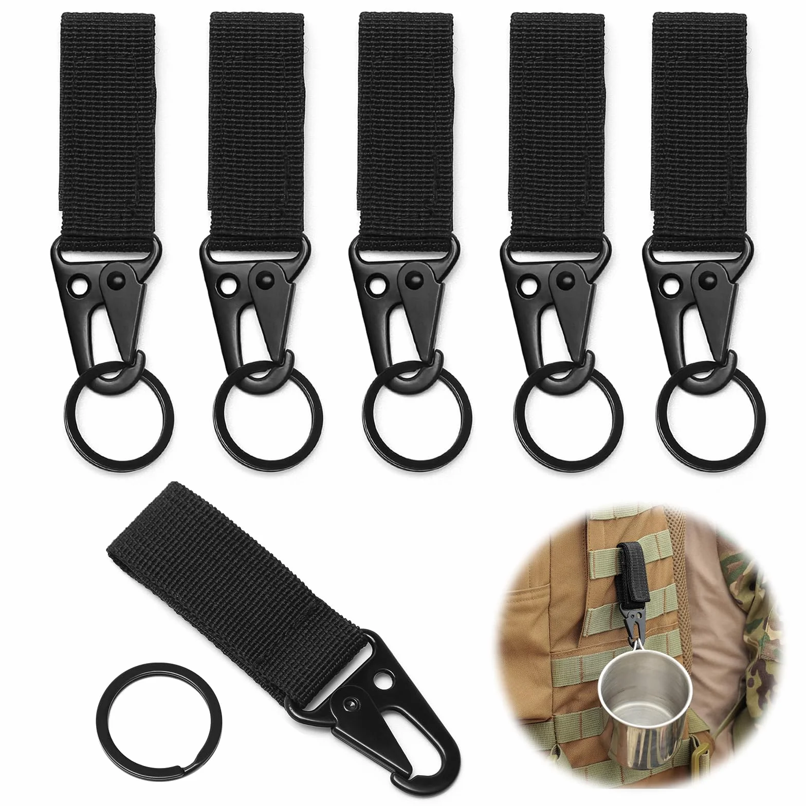 Mousquetons Tactique 6 Pièces Sangle en Nylon Noir pour Gilet Ceinture Sac à Dos