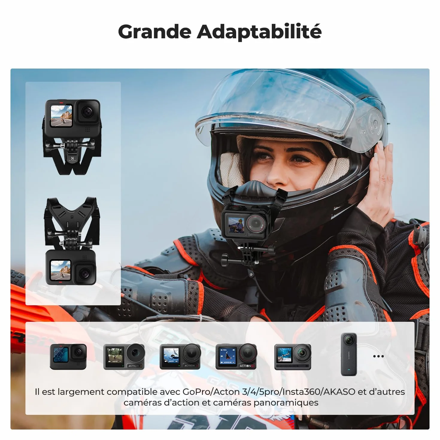 K&F CONCEPT Support de Casque de Moto pour Menton Compatible avec GoPro Hero 13/12/11/10/9/8/7, DJI Osmo Action 6/5 Pro/4/3/360, Insta360 Ace Pro/2/X5/X4/X3, AKASO, Base en Y, Silicone antidérapant
