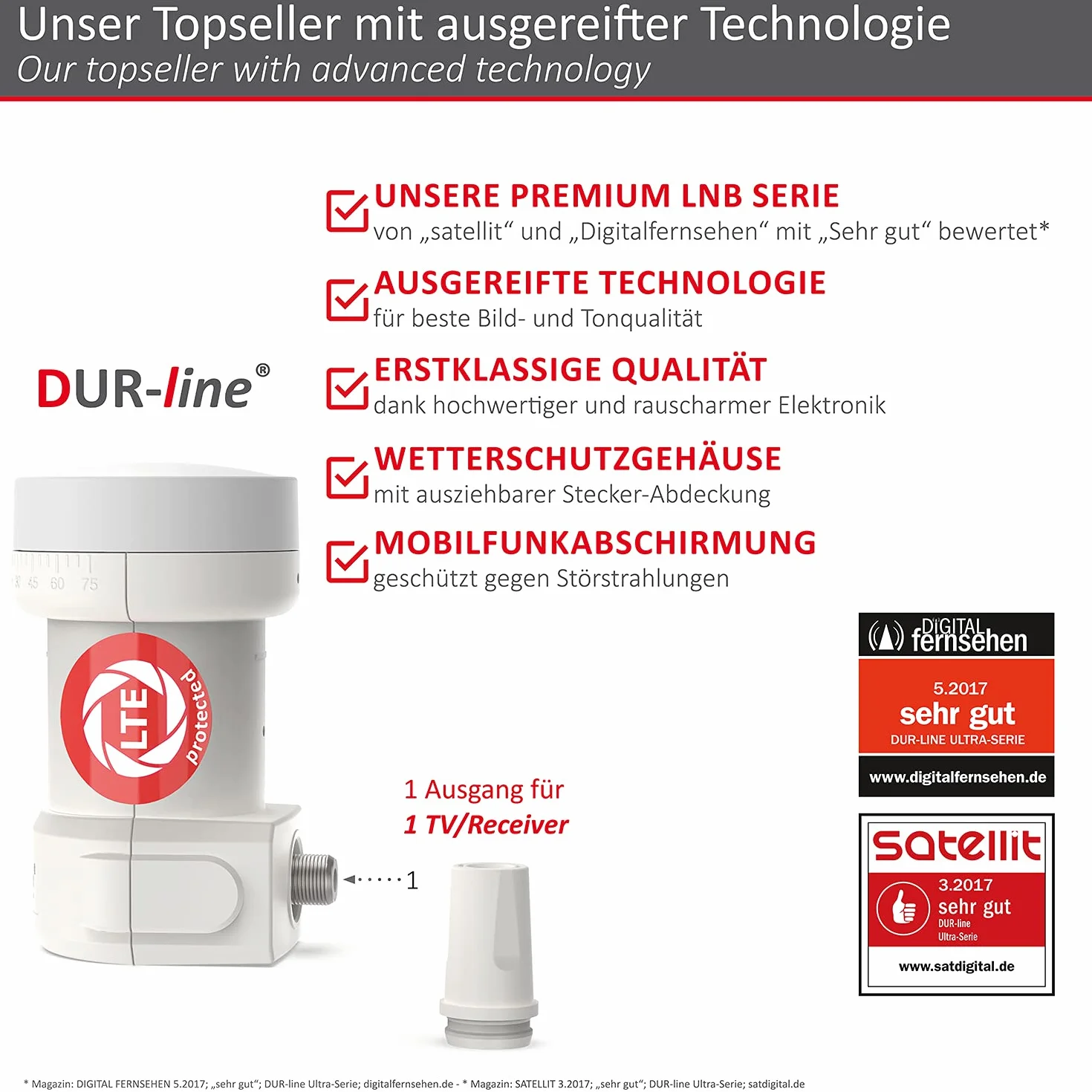 DUR-line +Ultra Single LNB - 1 Participant Blanc - avec Filtre LTE [ Test TRÈS Bien *] 1-Fois, numérique avec Protection Contre Les intempéries, Full HD, 4K,Qualité Premium
