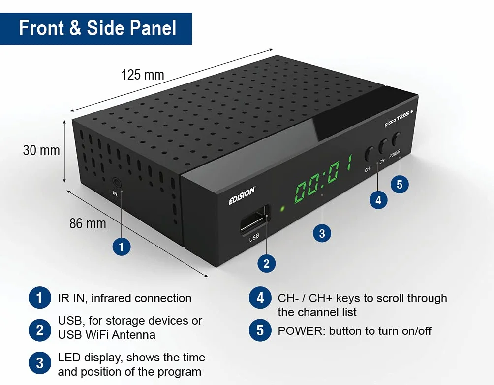 EDISION Picco T265 Plus Récepteur TNT DVBT2 DVBC H.265 HEVC FTA HDMI USB WiFi