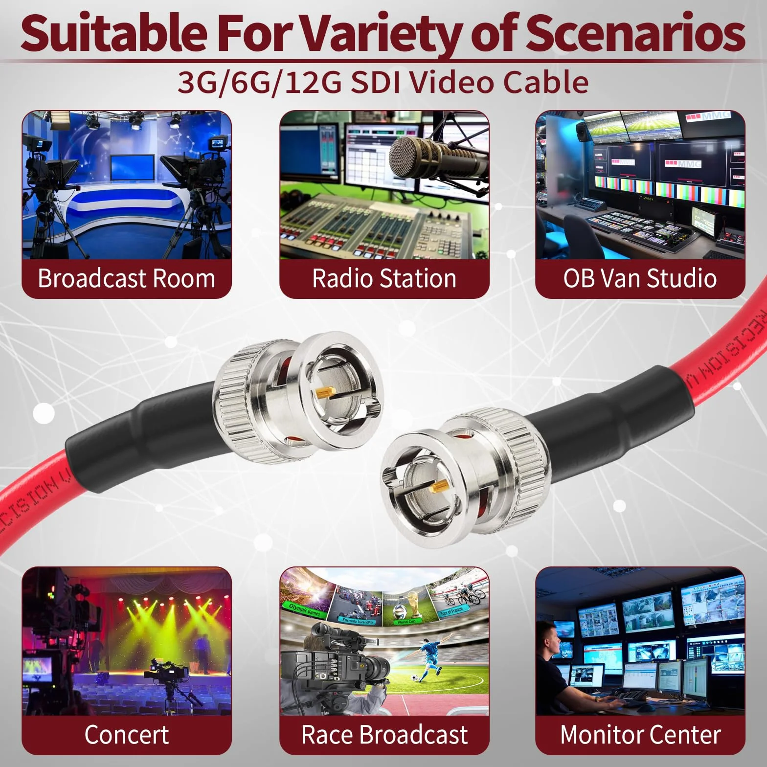 Superbat Câble SDI Court 3G/6G/12G 60cm Cordon BNC Mâle à Mâle Belden 1694A Rouge 75Ohm Supporte 4K/8K 1080p pour Blackmagic Caméra Vidéo Broadcast et Studio DVR (2 pièces)