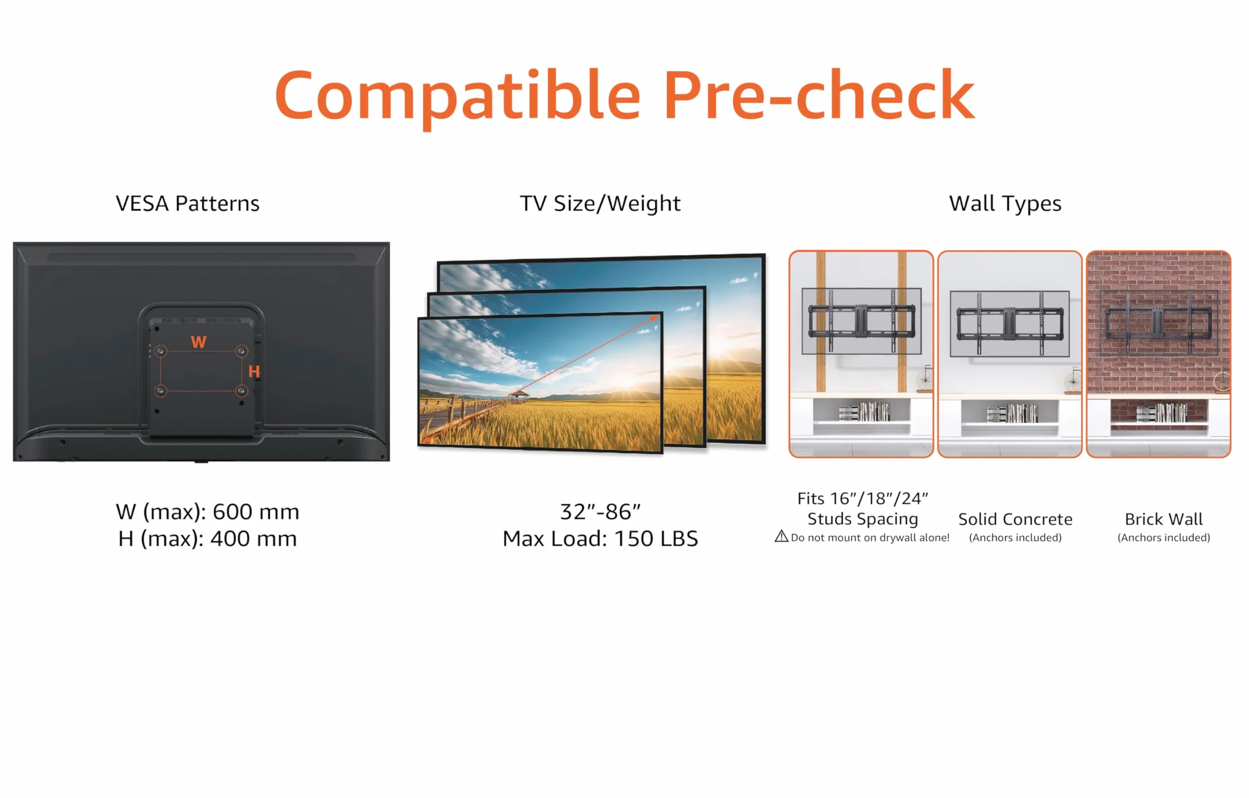 Amazon Basics Support mural fin pour télévision - Position horizontale ajustable après installation, 1 pièces, Pour (32 à 86 pouces), 81.2 à 218 cm, Noir