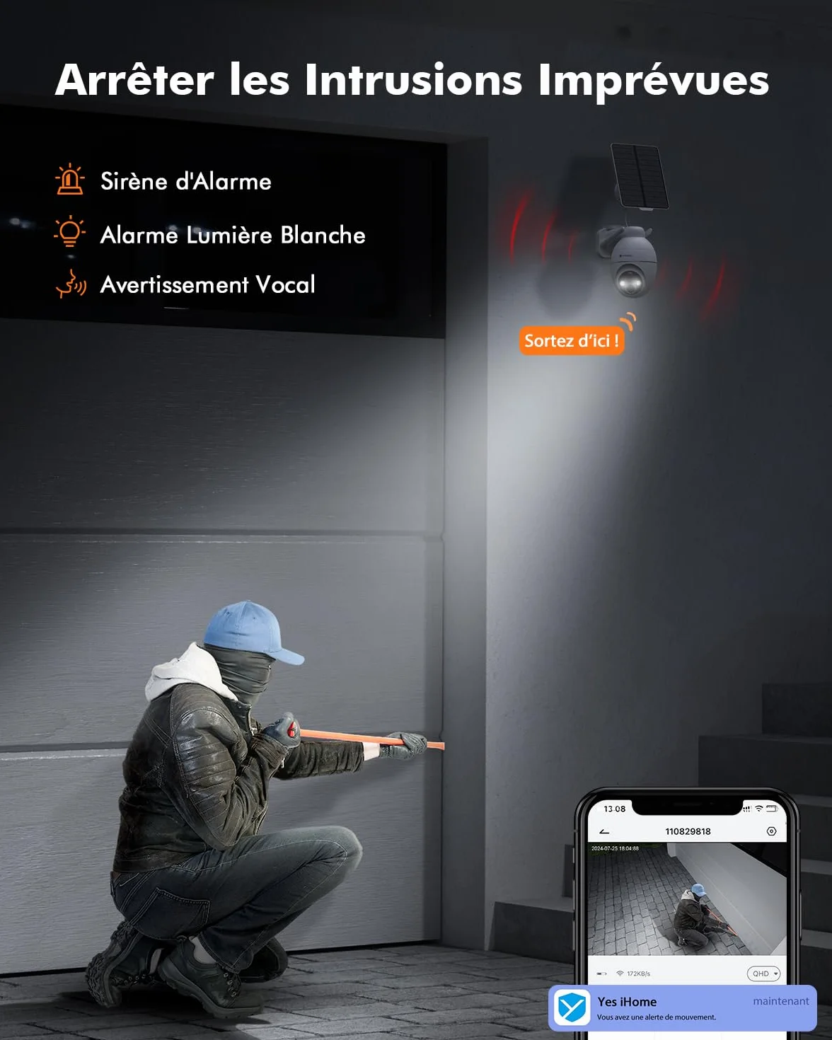 YESKANO 2K Camera Surveillance WiFi Exterieure Sans Fil Solaire, Caméra Extérieure Solaire 360° PTZ, avec Panneau Déporté 2M, Vision Nocturne Couleur, Détection PIR, Audio 2 Voies, 2,4 GHz, IP66 Blanc