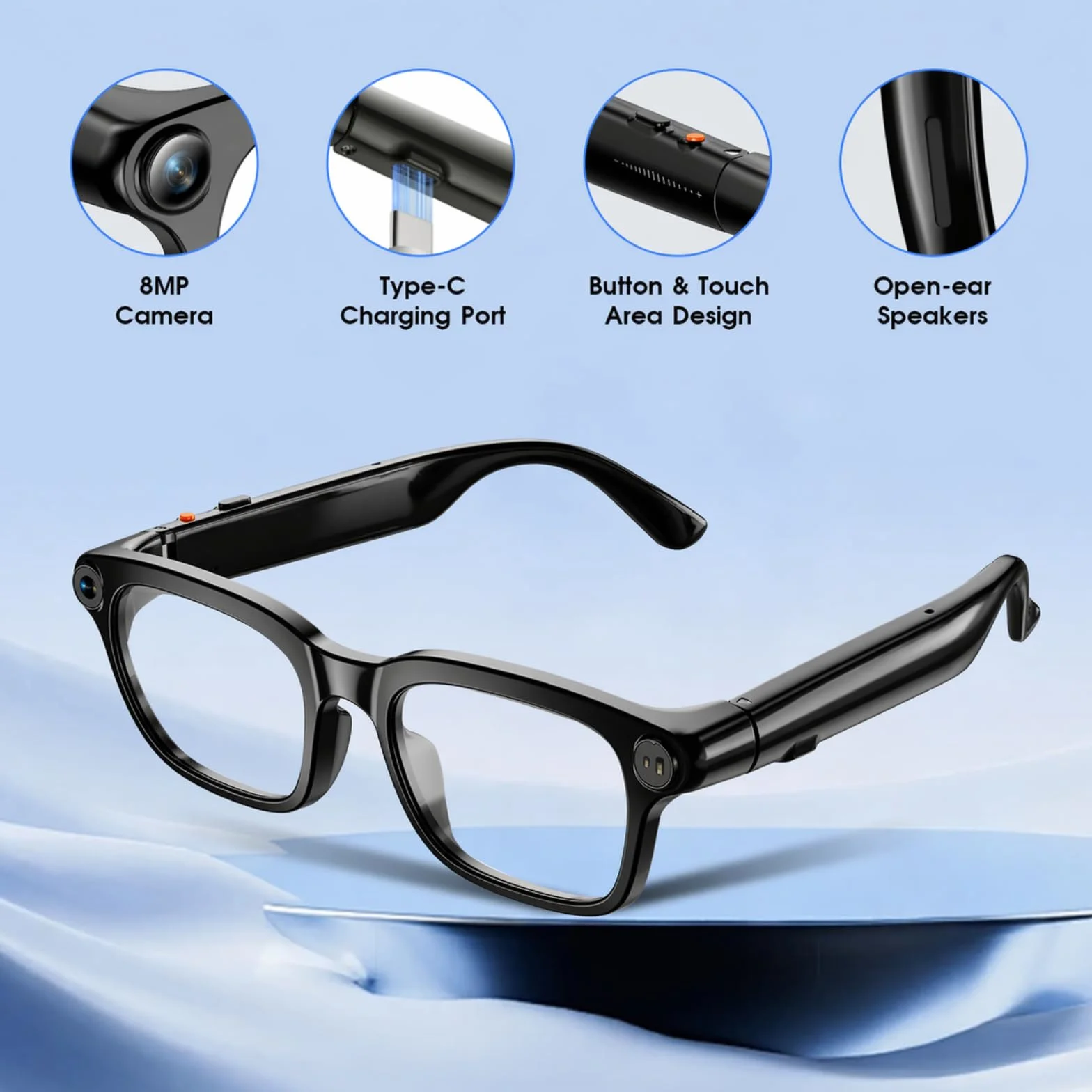 GenXenon Lunettes Caméra, Caméra 8 MP für Enregistrement Vidéo, Foto und Reconnaissance d’Objets IA, Batterie 300 mAh, Lunettes Connectées pour Voyages, Vlog et Outdoor Aventure（Trois lentilles）