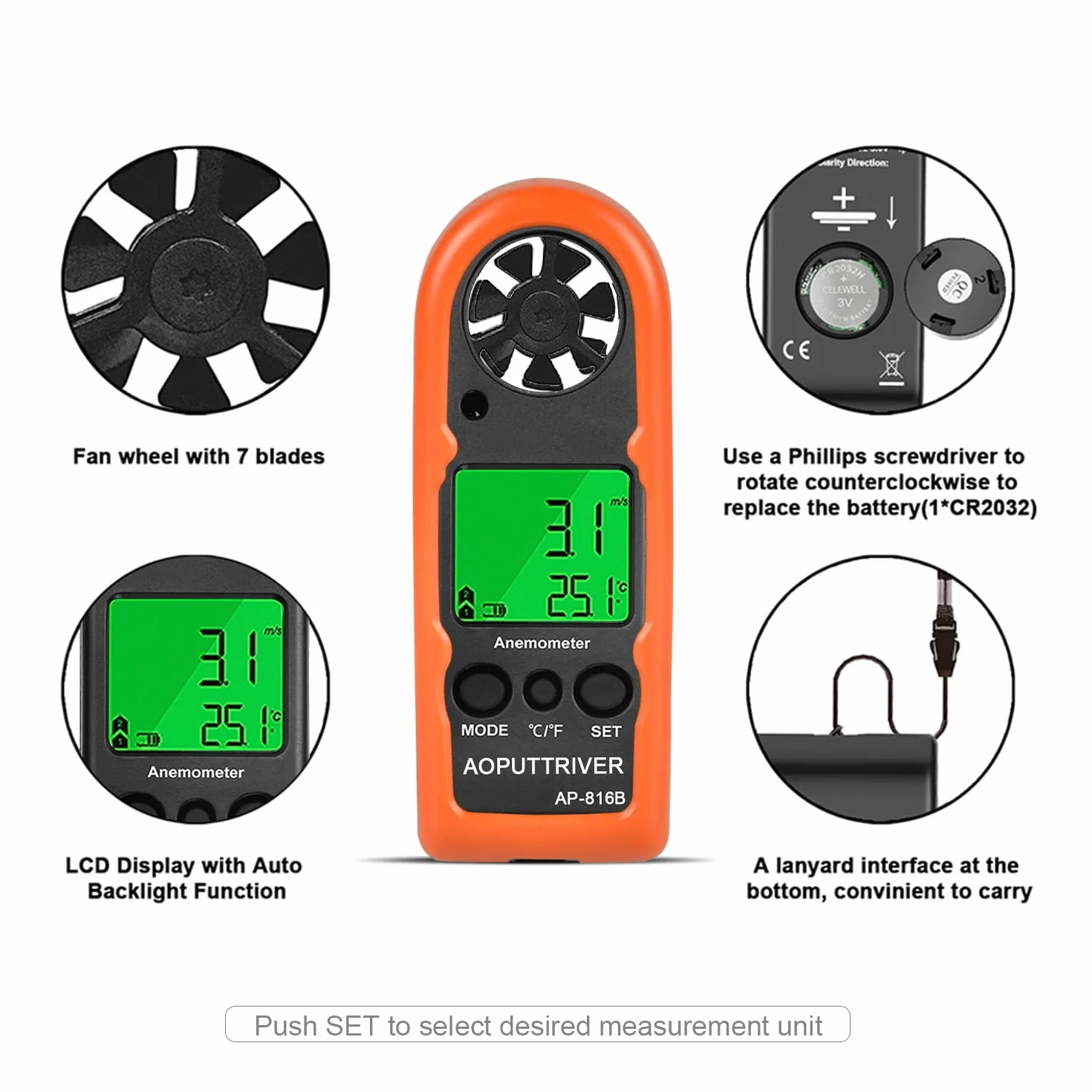 Anémomètre de poche AP-816B mesure vitesse du vent température max/min/courant pêche voile
