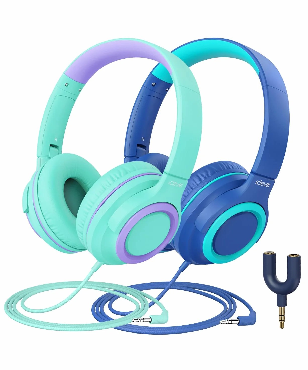 iClever Casque Audio Enfants, Volume Sécurisé Limité 85 dBA – Casque pour Enfant Filaires avec Répartiteur de Partage, écouteurs Stéréo Pliables sans Enchevêtrement pour l'école/Tablette/Voyage
