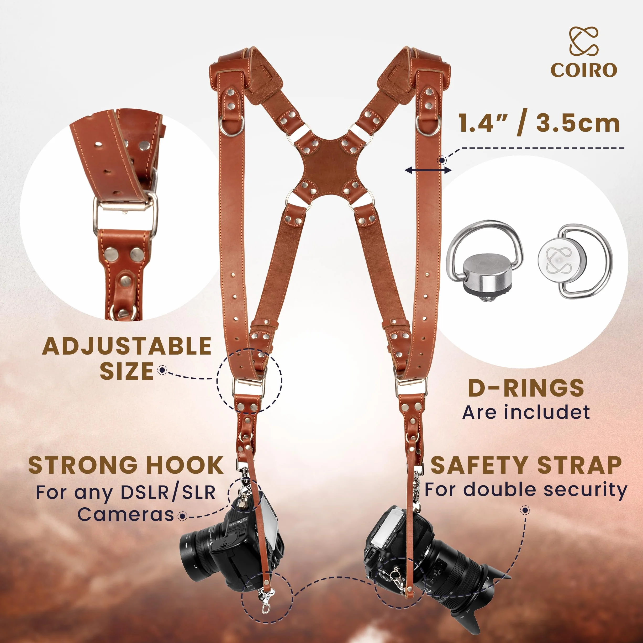 C Coiro Harnais Appareil Photo Professionnel Accessoires Appareil Photo, Bandoulière Double En Cuir Pour Appareil Photo