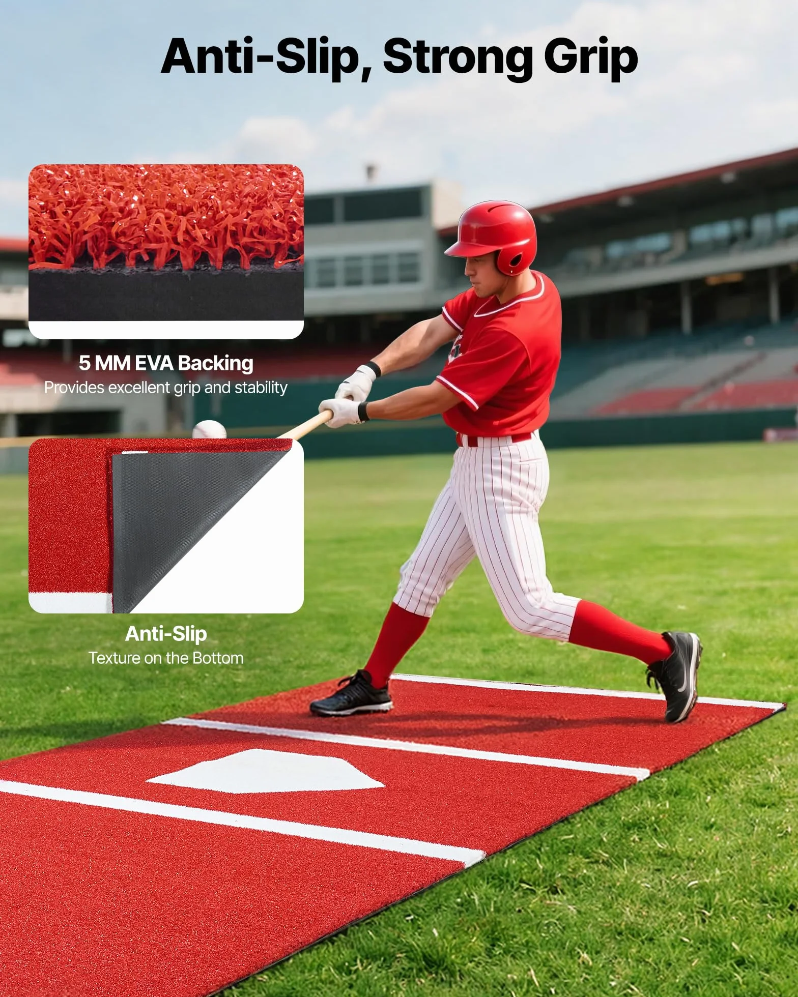 VEVOR Tapis de Frappe Baseball 300x116 cm Gazon Synthétique Anti-décoloration Entraînement Softball Rouge