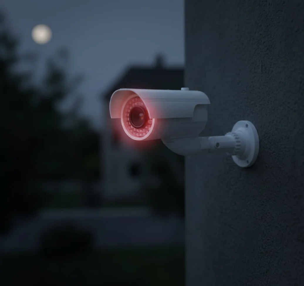 Caméra de surveillance factice avec LED clignotante dans un boîtier protégé contre les intempéries, fausse caméra de sécurité CCTV 720p pour l'intérieur et l'extérieur
