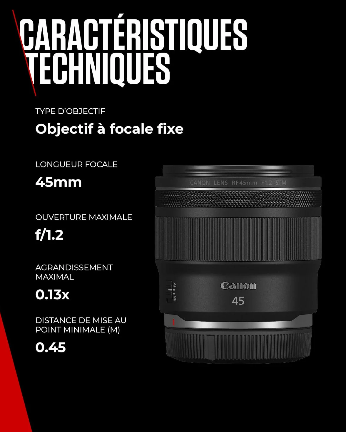 Objectif Canon RF 45mm F1.2 STM – Objectif Canon Lumineux pour Appareil Photo numérique | Idéal pour Portraits, léger et Compact | Compatible Canon EOS R