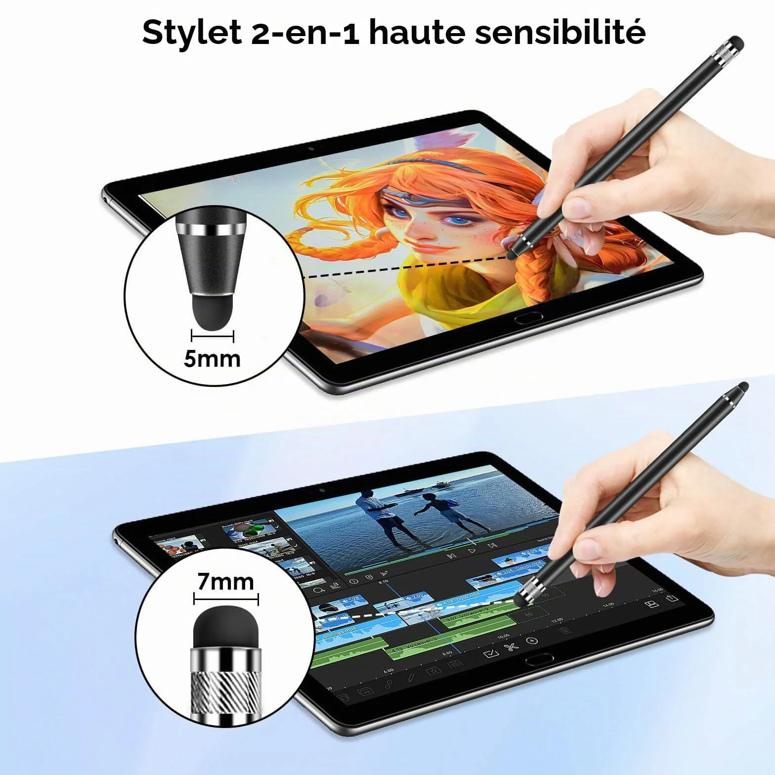 Stylet Tablette Universel 2 en 1 pour Écran Tactile, 4 Pièces avec 8 Embouts de Rechange pour Smartphones, Tablettes, Samsung Galaxy, iPad (Argent+Noir+Rose+Bleu)