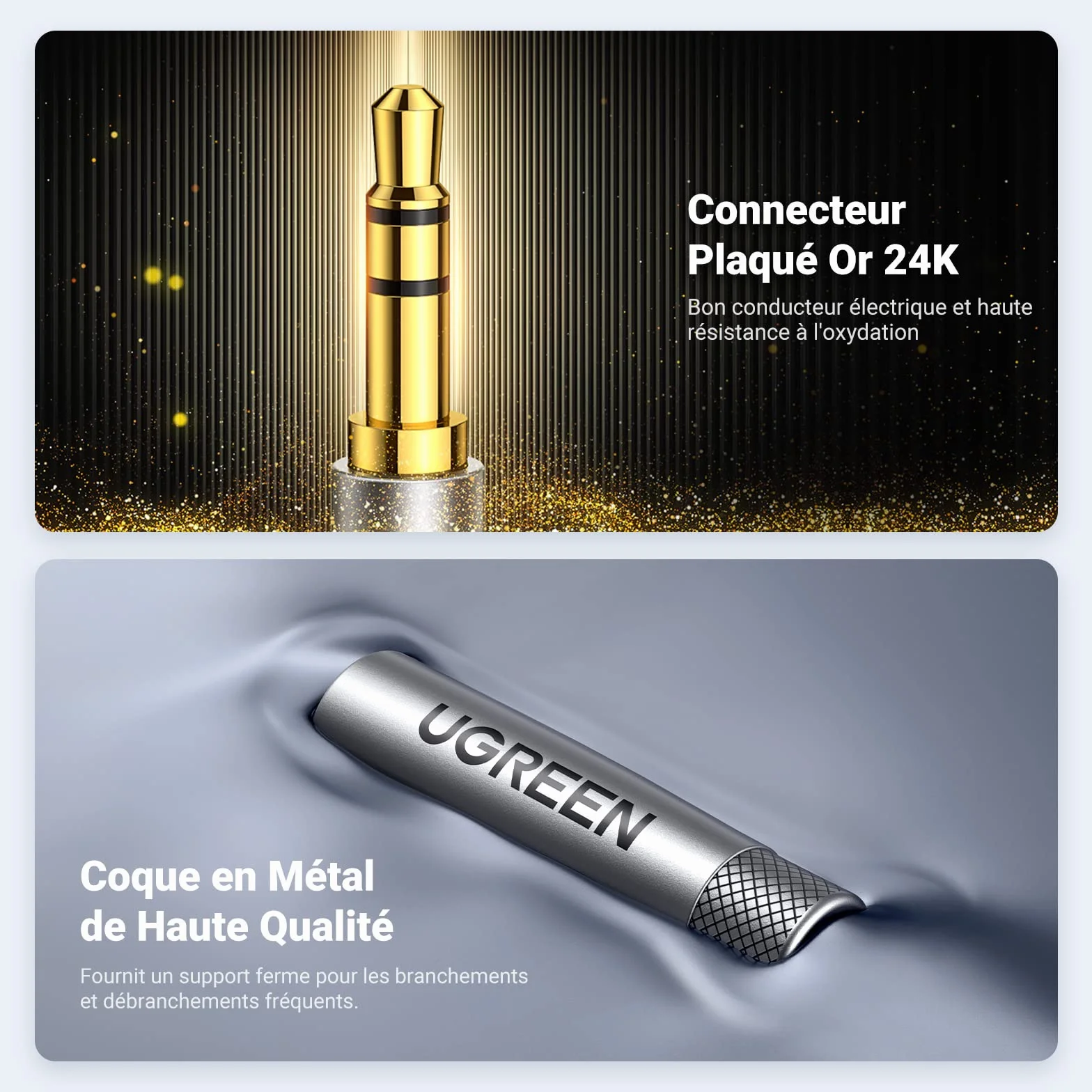 UGREEN Câble Audio Jack 3.5 mm Mâle Mâle HiFi Stéréo Nylon Tressé Auxiliaire 1M