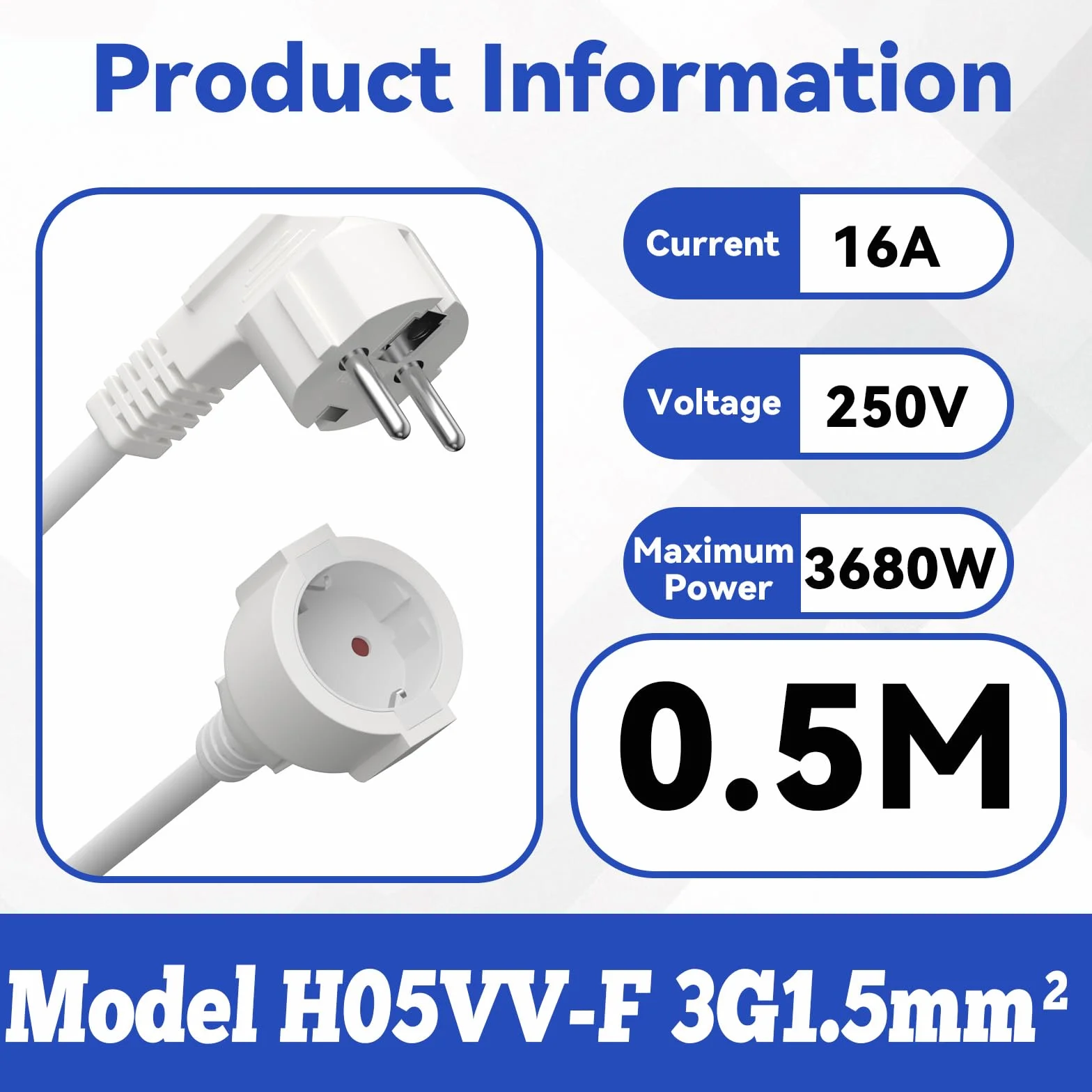 Rallonge Schuko IP20 250V 16A 3680W H05VV-F3G 1,5 mm² 0,5 m Blanc