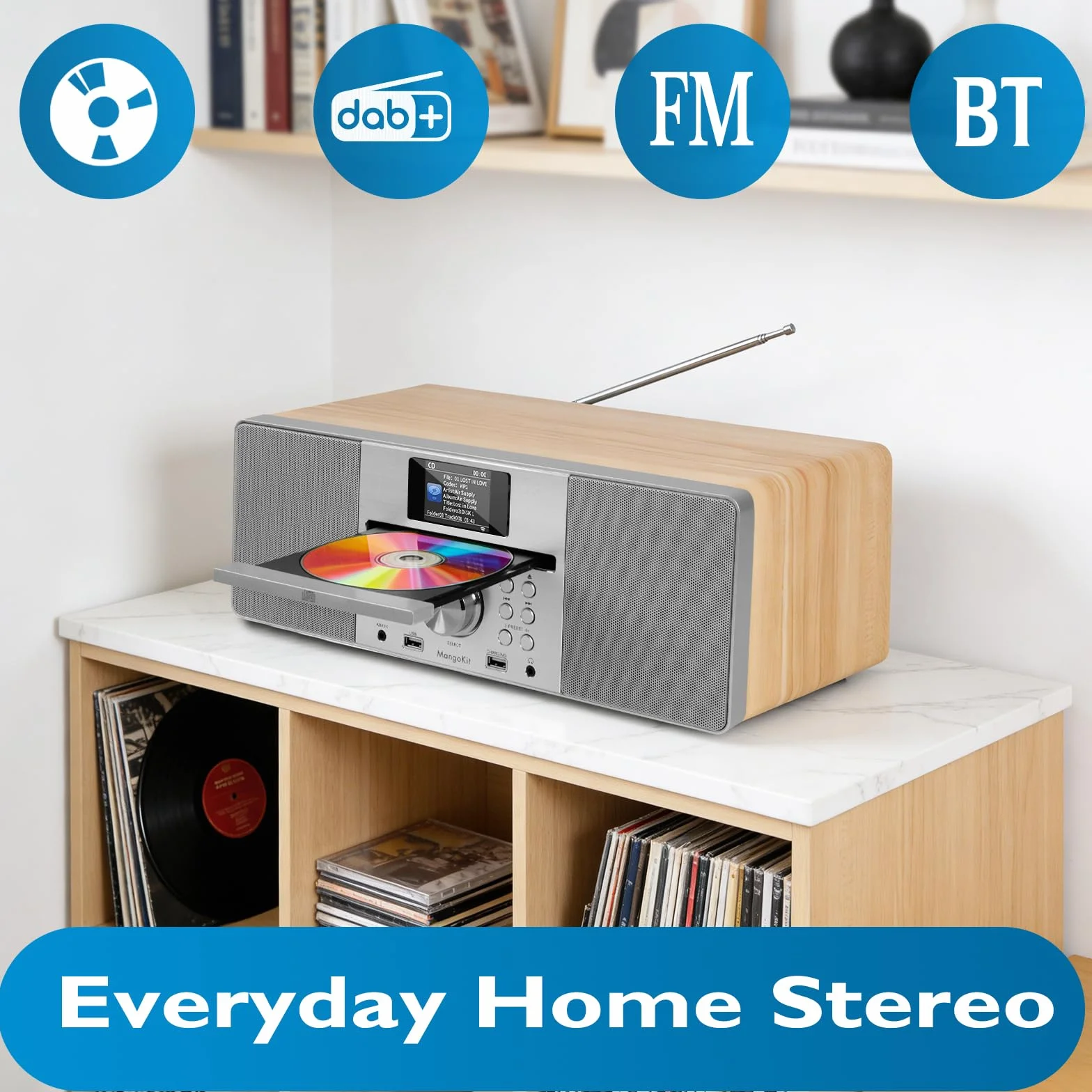 Lecteur CD avec Radio Dab/Dab+ et FM, Streaming Bluetooth, système Hi-FI stéréo 80 W, écran Couleur, 60 Stations préréglées, télécommande, Coffret en Bois Acoustique, MANGOKIT MS1-Arce