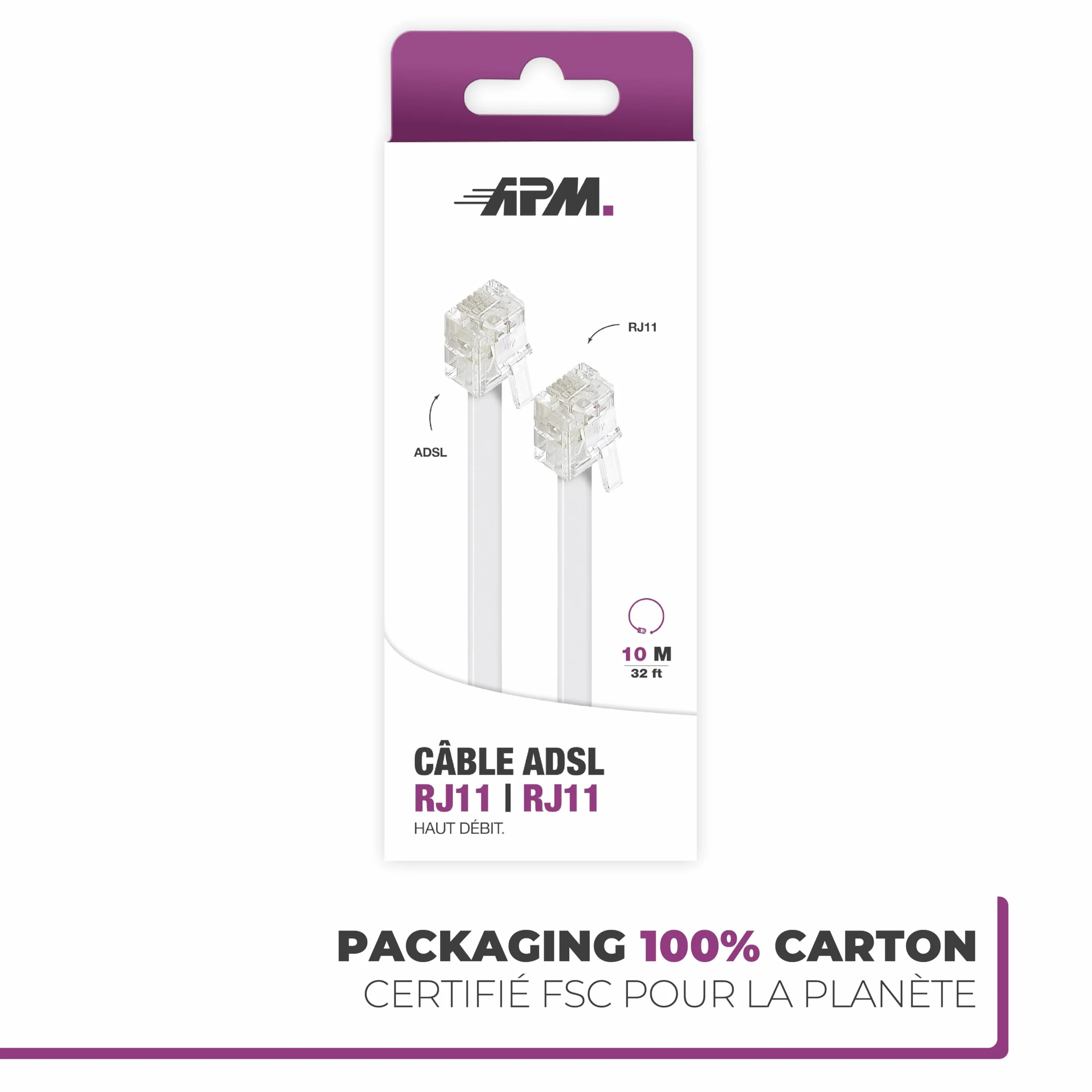 Câble ADSL RJ11 10M Cordon Téléphonique Modulaire 6P4C Plat ISDN DSL VDSL Blanc