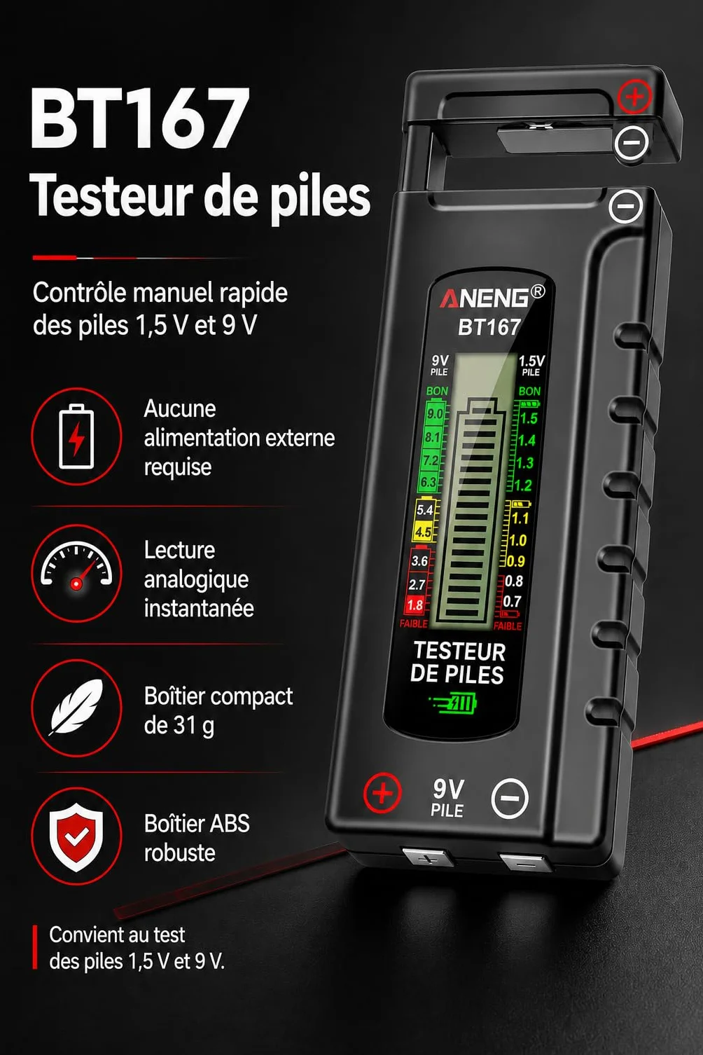 VOBOR Testeur de Piles Numérique Universel, Écran LCD, Battery Tester pour Piles AA AAA C D 9V 1,5V Pile Bouton