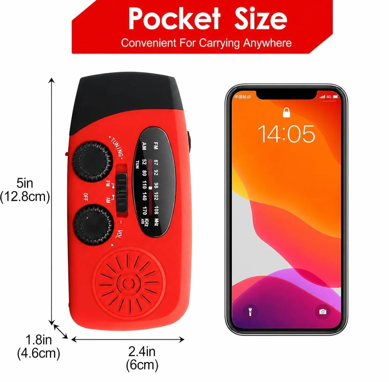 Radio Solaire Auto-alimentée 2000mAh AM/FM Portable à Manivelle Dynamo avec Lampe LED Alarme SOS Chargeur Téléphone Kit Survie Camping Rouge
