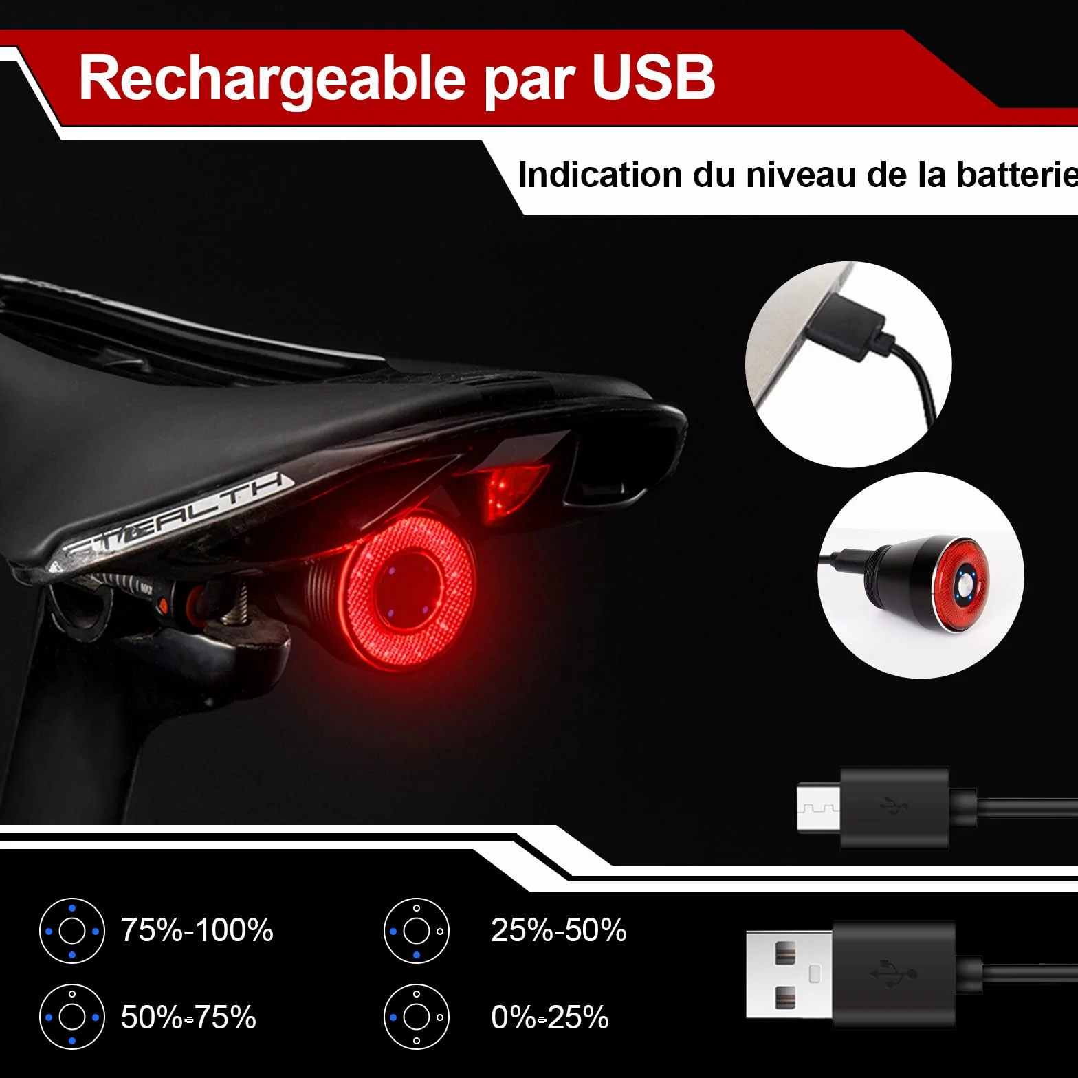 EBUYFIRE Feu arrière vélo Intelligent USB Rechargeable IPx6 Etanche 4 Modes LED