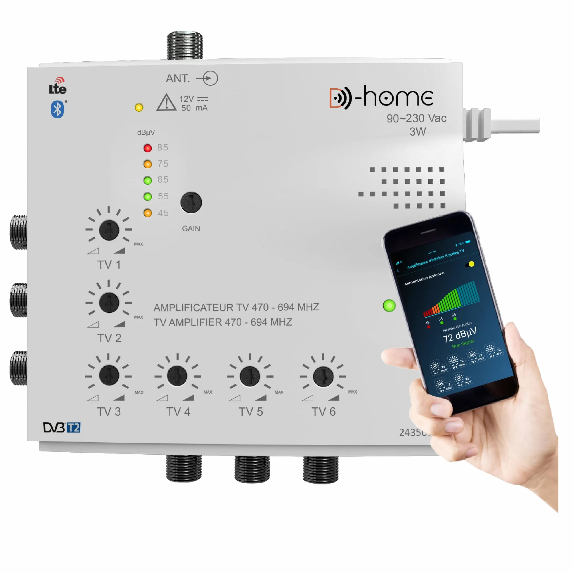 Amplificateur TV TNT Intérieur 6 Sorties 23dB Connecté Filtré 4G-5G avec App Mobile TV Finder