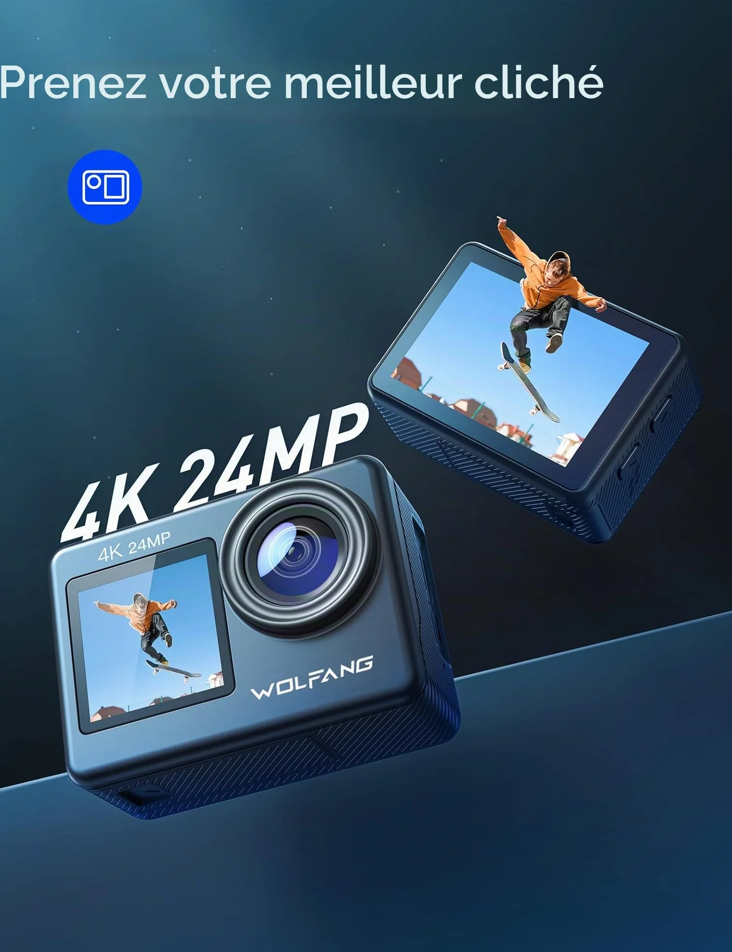 WOLFANG Caméra Sport GA200 4K 24MP, Deux Écrans 30FPS Caméra Étanche Grand Angle Écran Tactile WiFi Appareil Photo avec EIS Stabilisateur(2 Piles, kit d'accessoires)