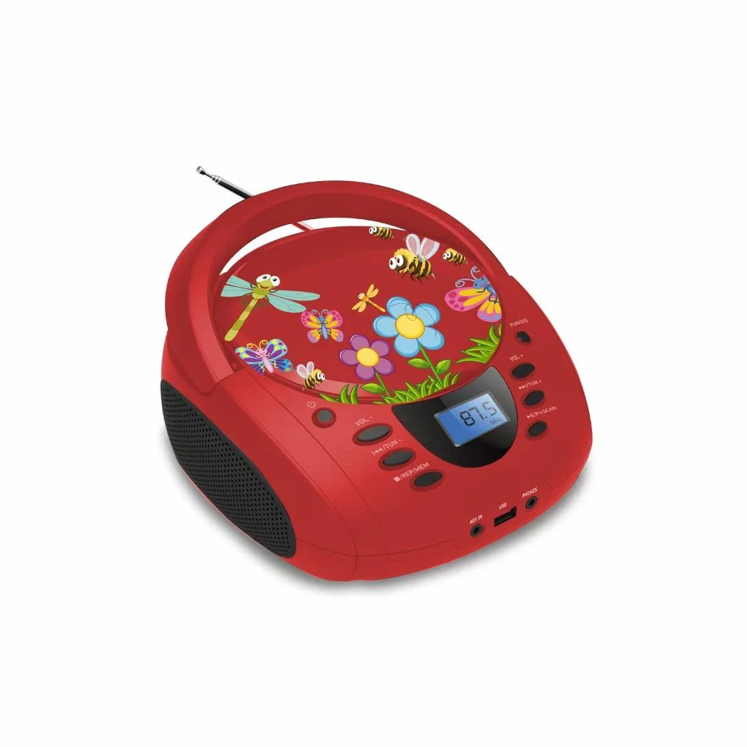WE Lecteur - Radio CD - USB WeKids: FM, Lecteur CD/CD-R/CD-RW/MP3, RMS2*2W, entrée Aux et Micro, modèle Rouge Insecte