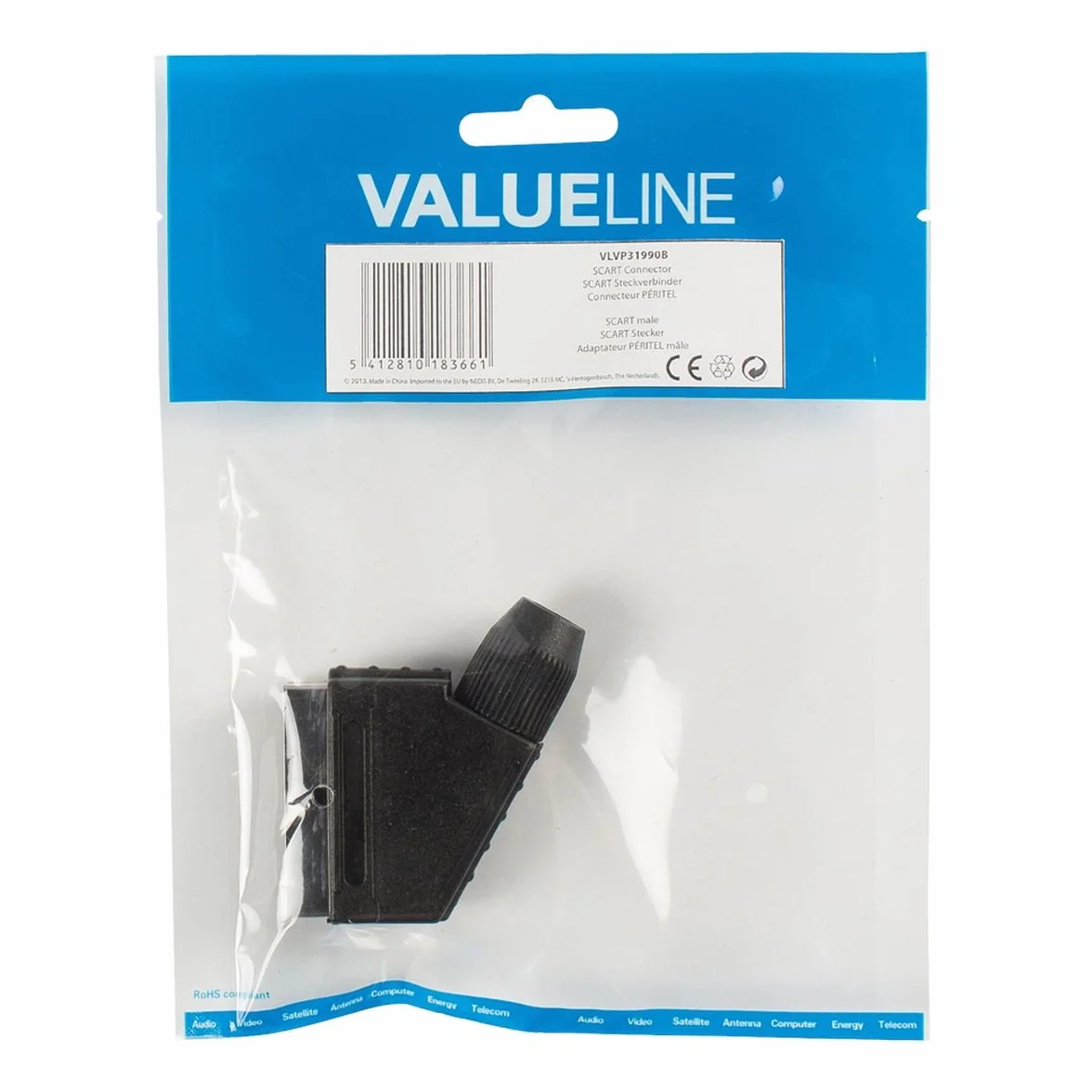 Valueline VLVP31990B SCART Noir connecteur de Fils - Connecteurs de Fils (SCART, Noir, 11 cm, 120 mm, 25 mm, Sac)