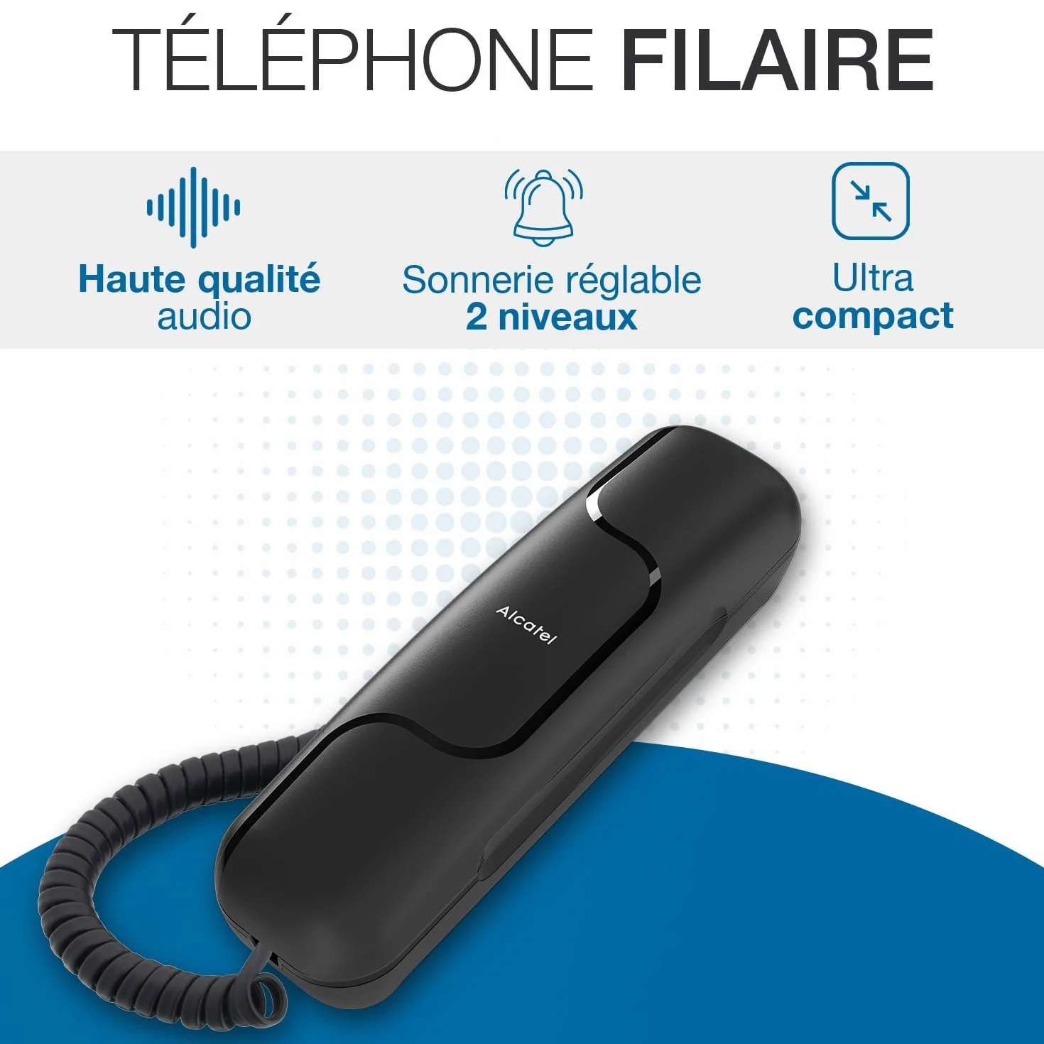 ALCATEL T06 - Téléphone Fixe Filaire - Design Ultra Compact - Fixation Murale - Touche Rappel - Noir