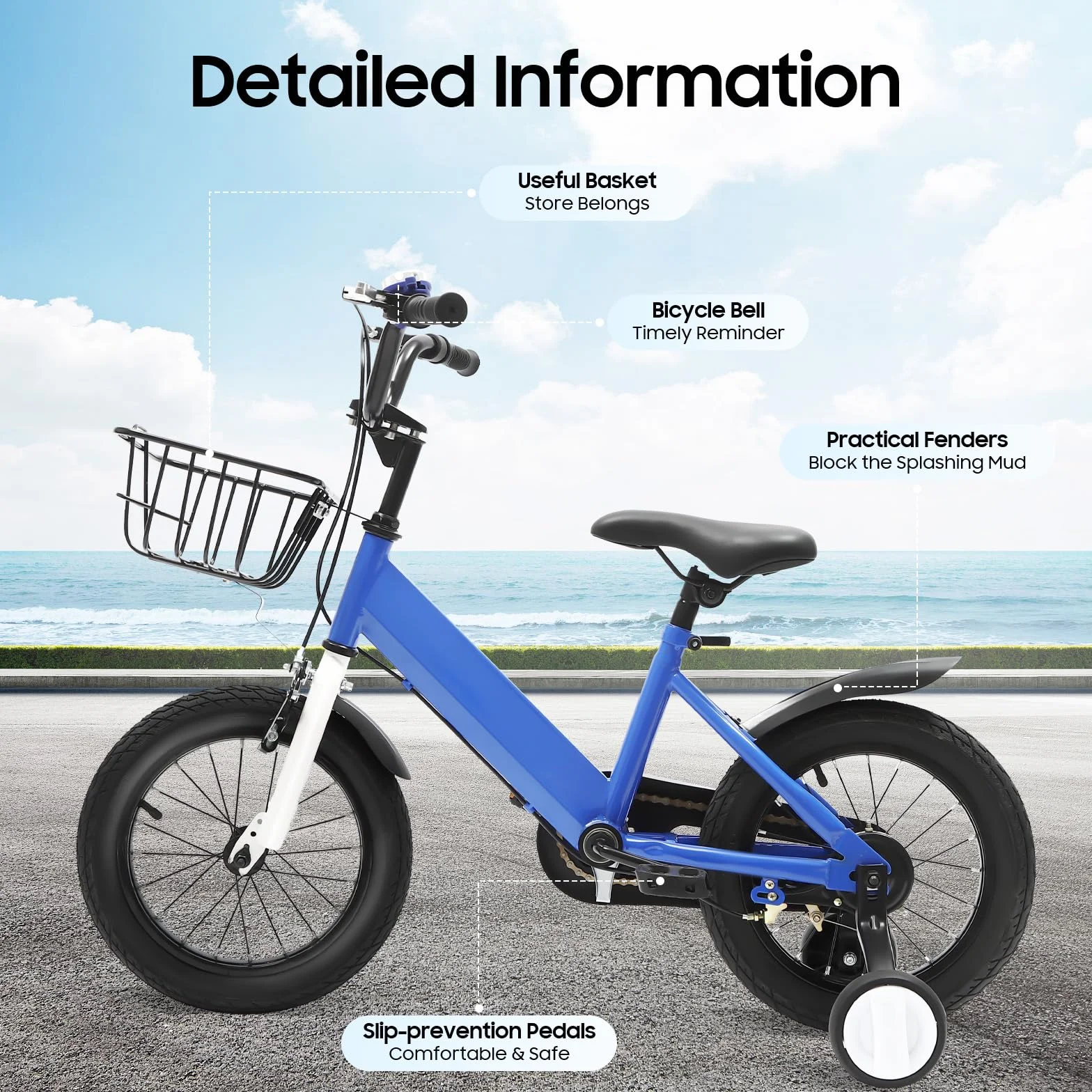 Vélo enfant 14 pouces roues stabilisatrices équilibre garçons filles 3-6 ans siège réglable rétropédalage frein main