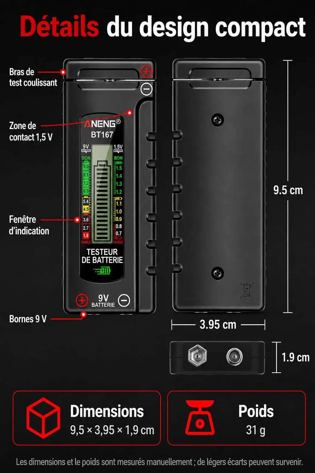VOBOR Testeur de Piles Numérique Universel, Écran LCD, Battery Tester pour Piles AA AAA C D 9V 1,5V Pile Bouton