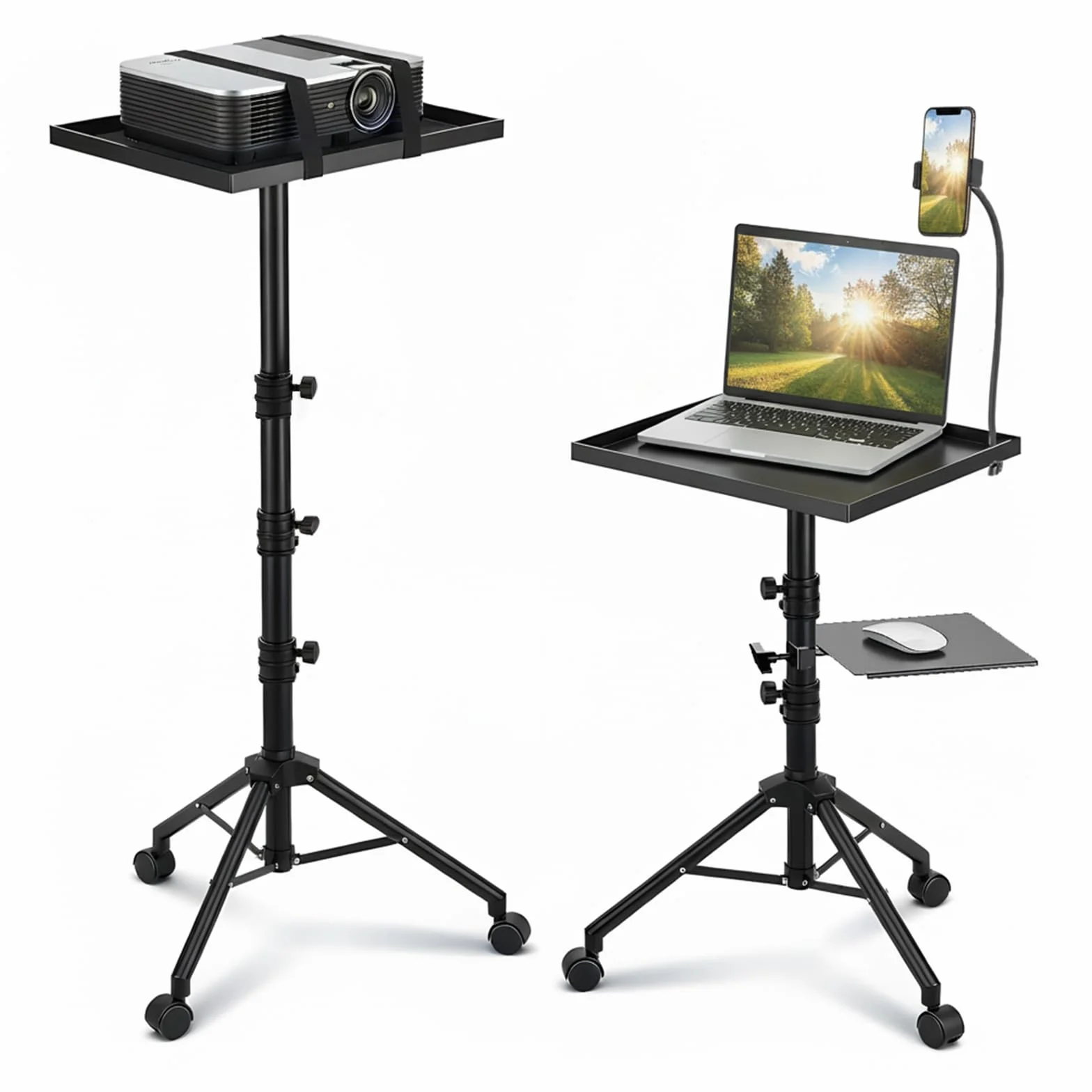 Trepied Videoprojecteur Musical 4 en 1 Support Portable au sol Hauteur Réglable 73-149 cm Pivotant 180 Degrés avec Roues