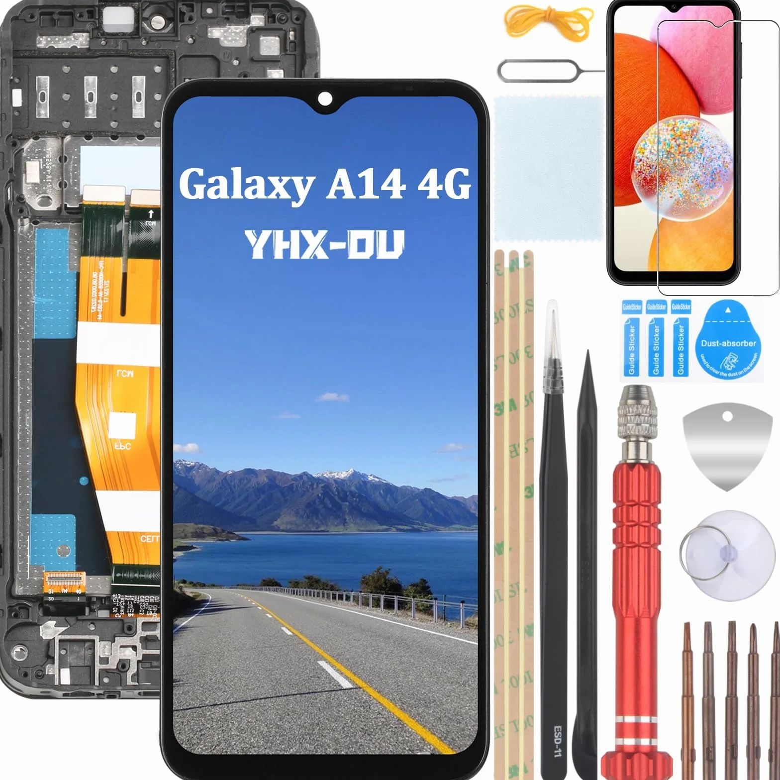 6.6'' Noir Kit Écran LCD avec Châssis pour Samsung Galaxy A14 4G SM-A145P SM-A145RZSUEUB Écran Complet Tactile LCD Display de Rechange et Outils + Verre trempé