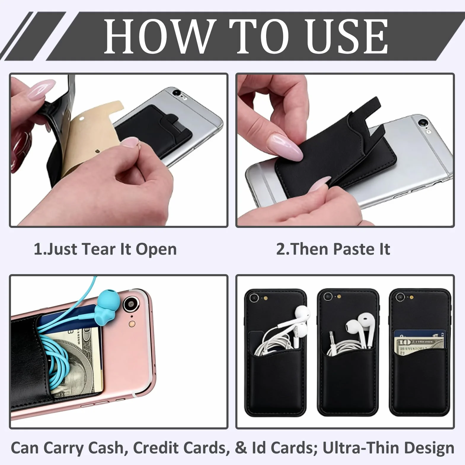 Porte Carte Telephone Adhésif Noir, Pochette Carte Bancaire Silicone Simple Couche pour Smartphone