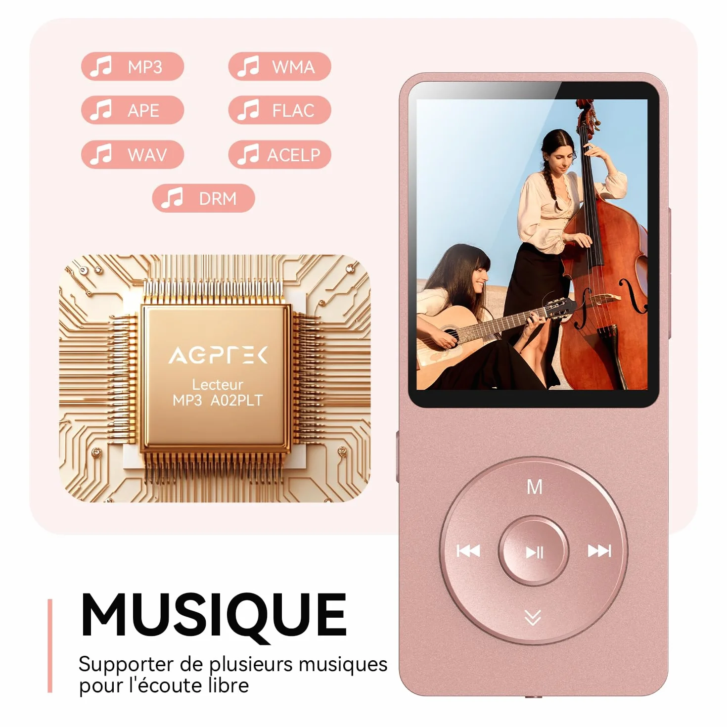 AGPTEK Lecteur MP3 Bluetooth 5.3 64Go Baladeur Portable HiFi 70H Autonomie Radio FM Or Rose
