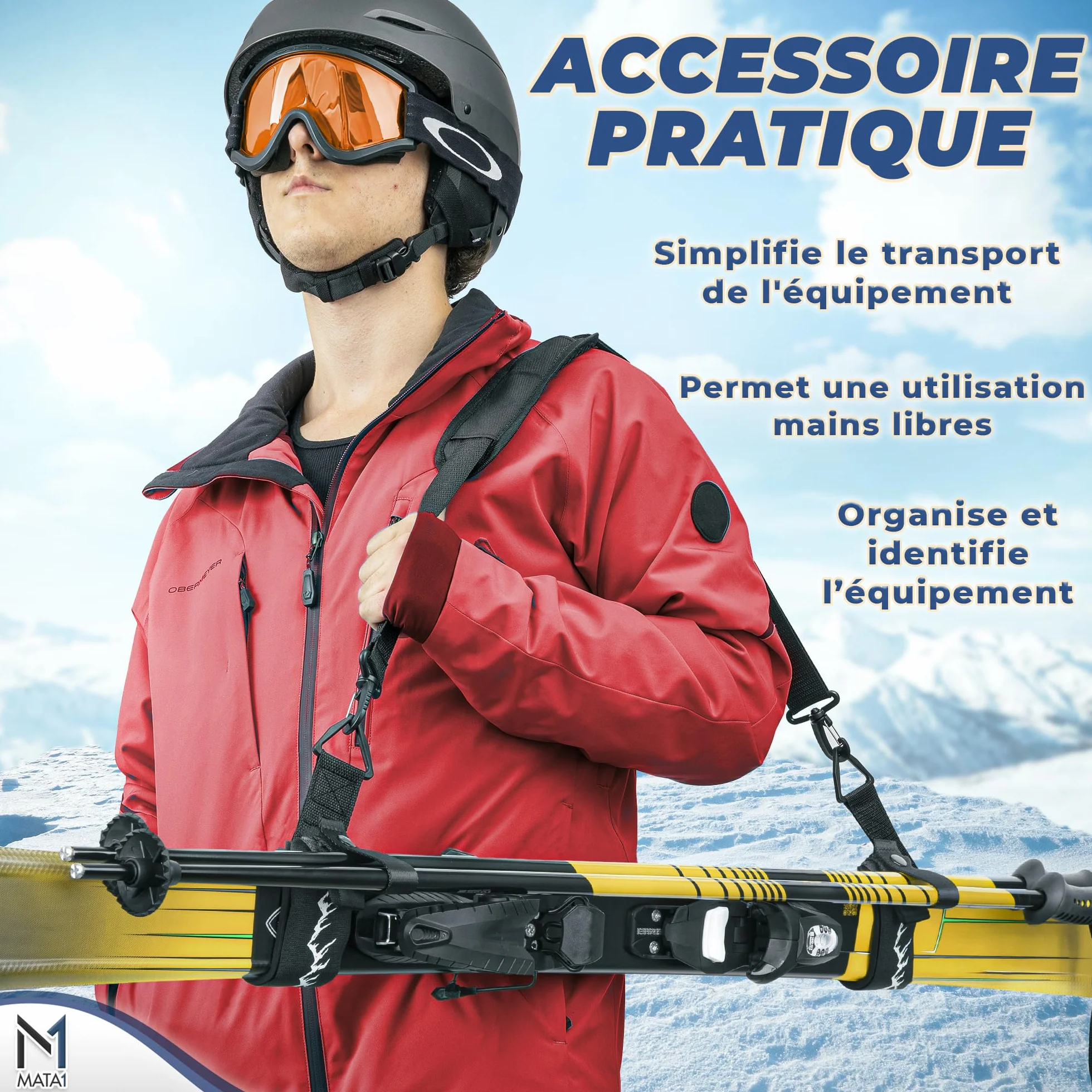 Sangle de Ski Porte-bâtons Noir Bandoulière réglable Transport Skis Bâtons