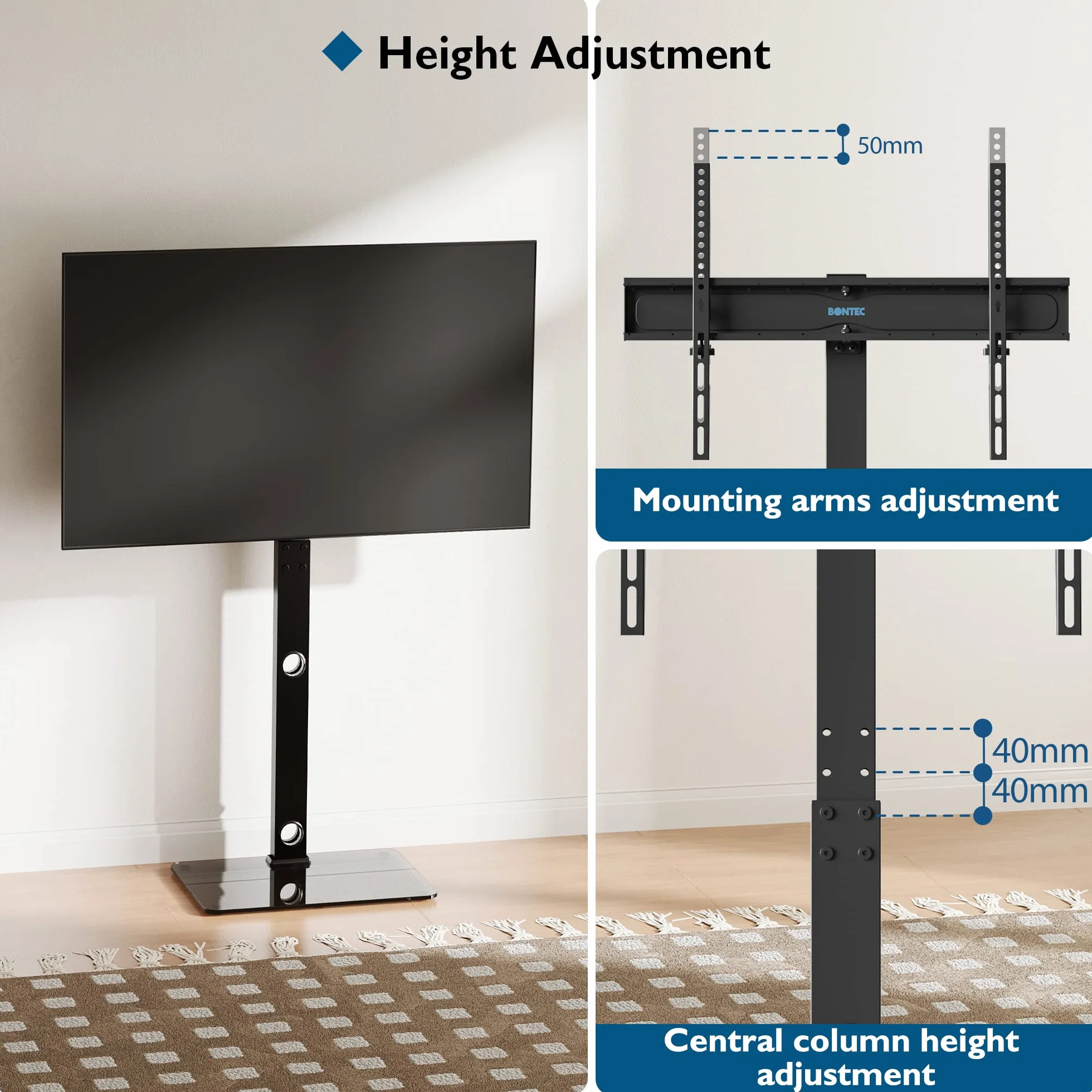 BONTEC Support TV de Sol pour Téléviseurs de 30-70 Pouces Plasma/LED/LCD/OLED Incurvés & Plats, Support TV Haut Réglable en Hauteur jusqu'à 40 kg, Max VESA 600x400 mm