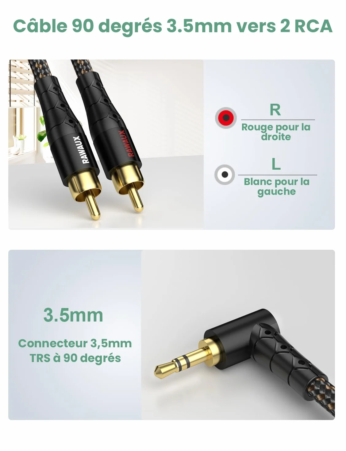Câble RCA Jack Audio Stéréo 1M 90 Degrés 3.5mm vers 2RCA Mâle Câble Adaptateur Audio 2RCA Auxiliaire pour TV, Smartphone, Tablette, Home Cinéma, Amplificateur (2 RCA à 3.5 - Noir)