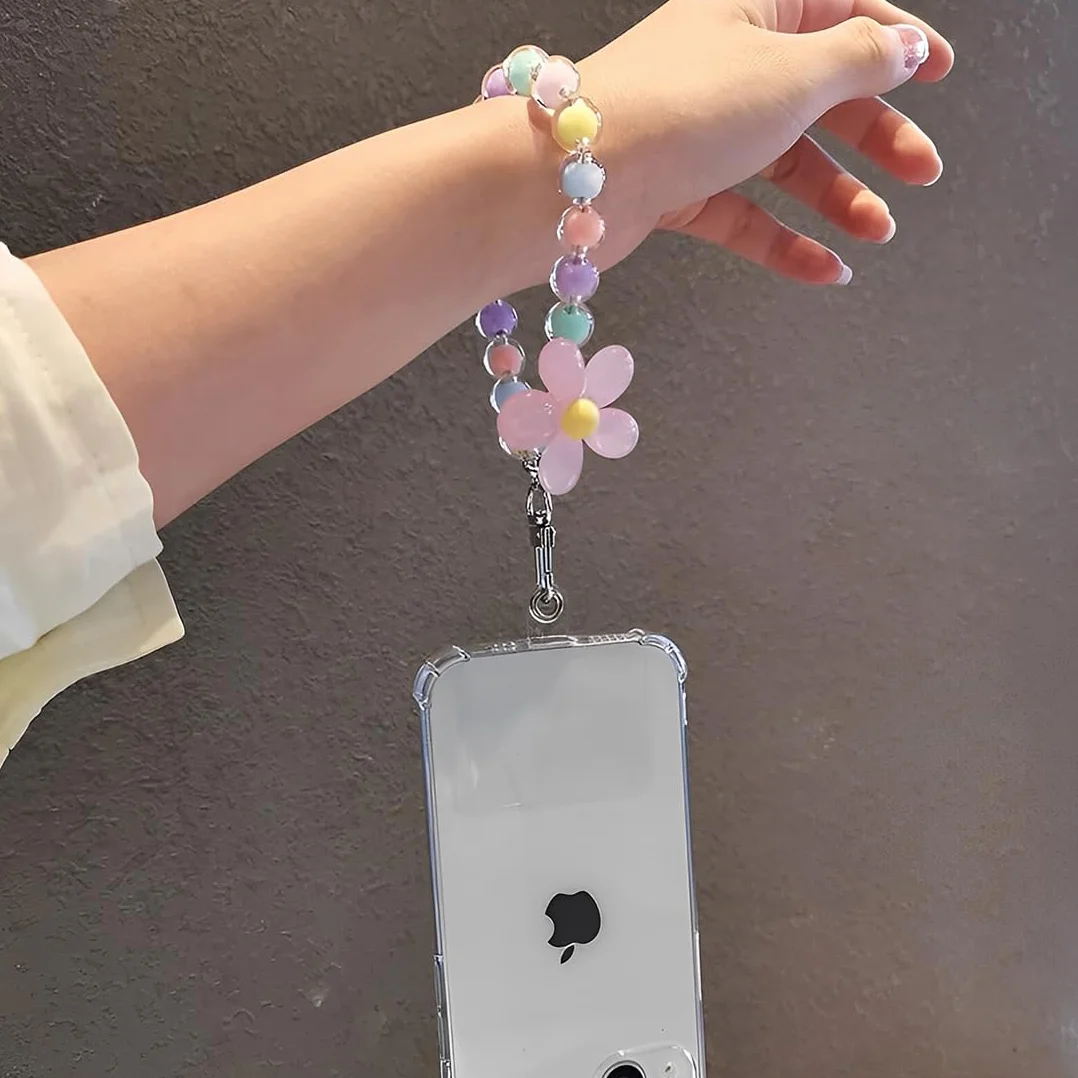 Chaîne de téléphone portable courte avec fleurs, bracelet porte-clés, lanière, perles pour téléphone portable, compatible avec tous les téléphones portables, cordon universel pour téléphone