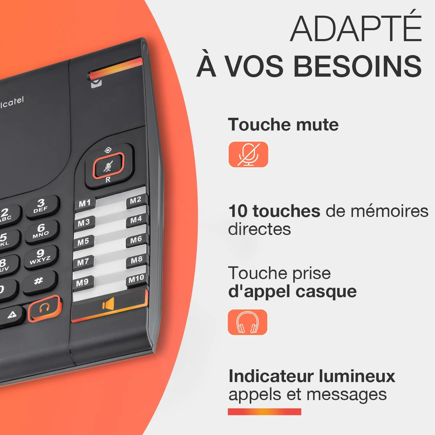 ALCATEL Temporis 380 PRO - Téléphone Fixe Filaire Professionnel - Bibloc - Mains Libres - Indicateur Lumineux - Volume Réglable - Touche Rappel & Mute - Installation Mur - 10 Mémoires Directes - Noir