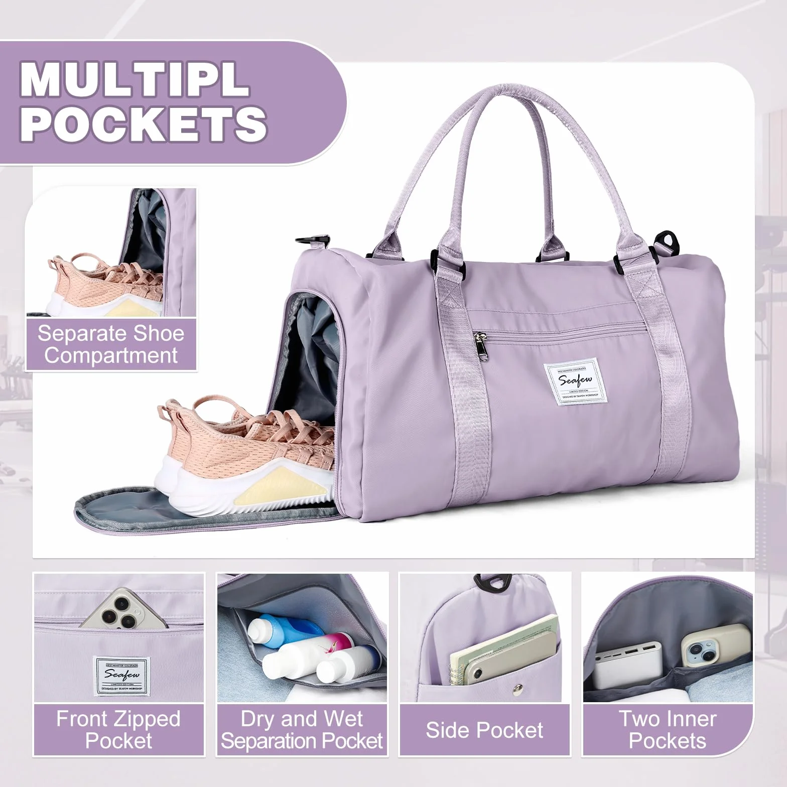 Sac de Sport Femme Homme Léger avec Compartiment Chaussures Poche Humide Duffle Bag Violet A11