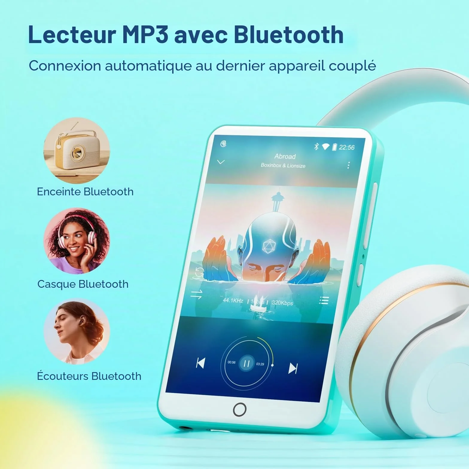 Lecteur MP3 avec Bluetooth et WiFi, Oilsky 80GB 4'' Android 9.0 Lecteur de Musique, MP4 à écran Tactile 1080P, Mp3 Portable avec Spotify, Audible, Deezer (Cyan)