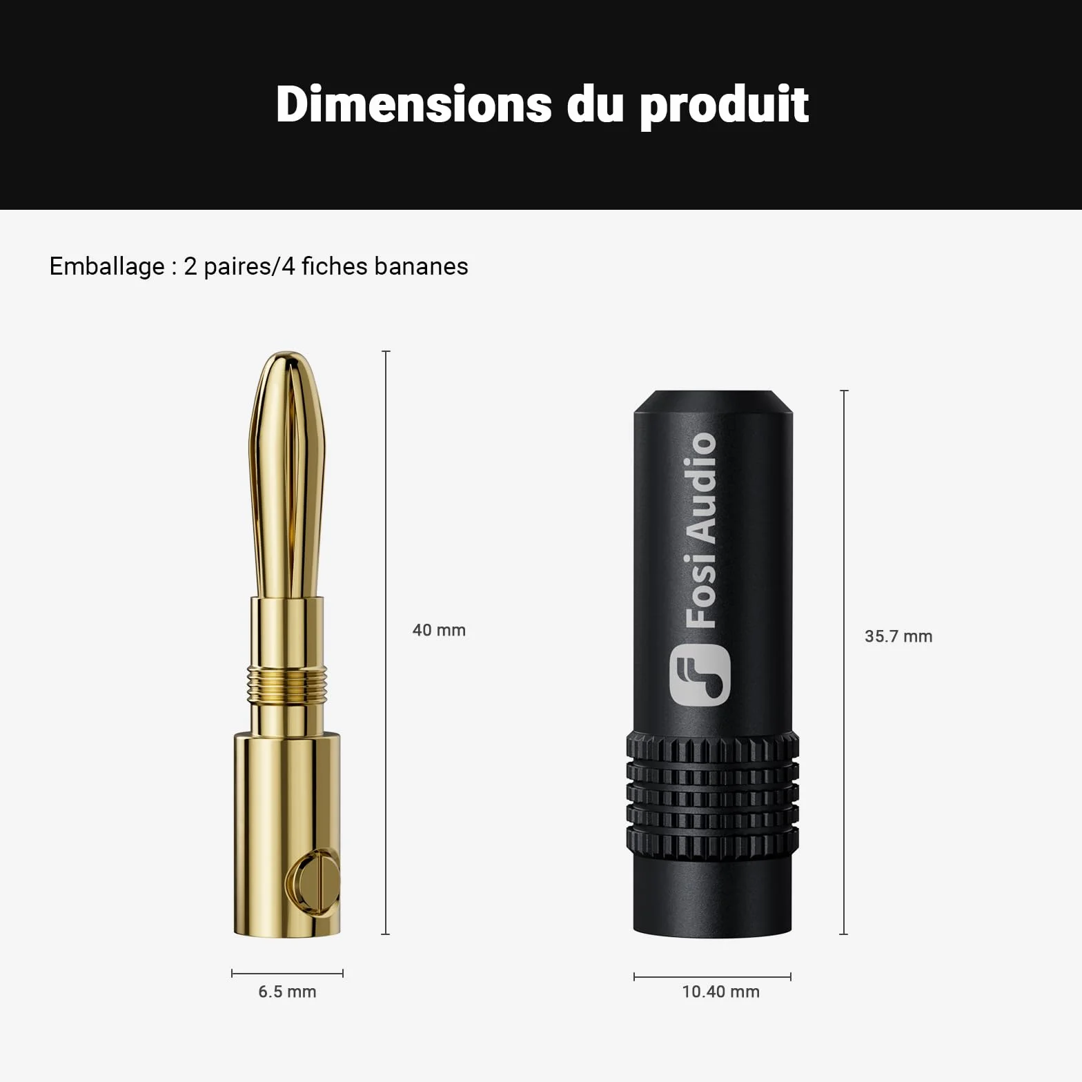 Fosi Audio Fiches Bananes pour Câbles d'enceintes, 2 Paires Plaquées or