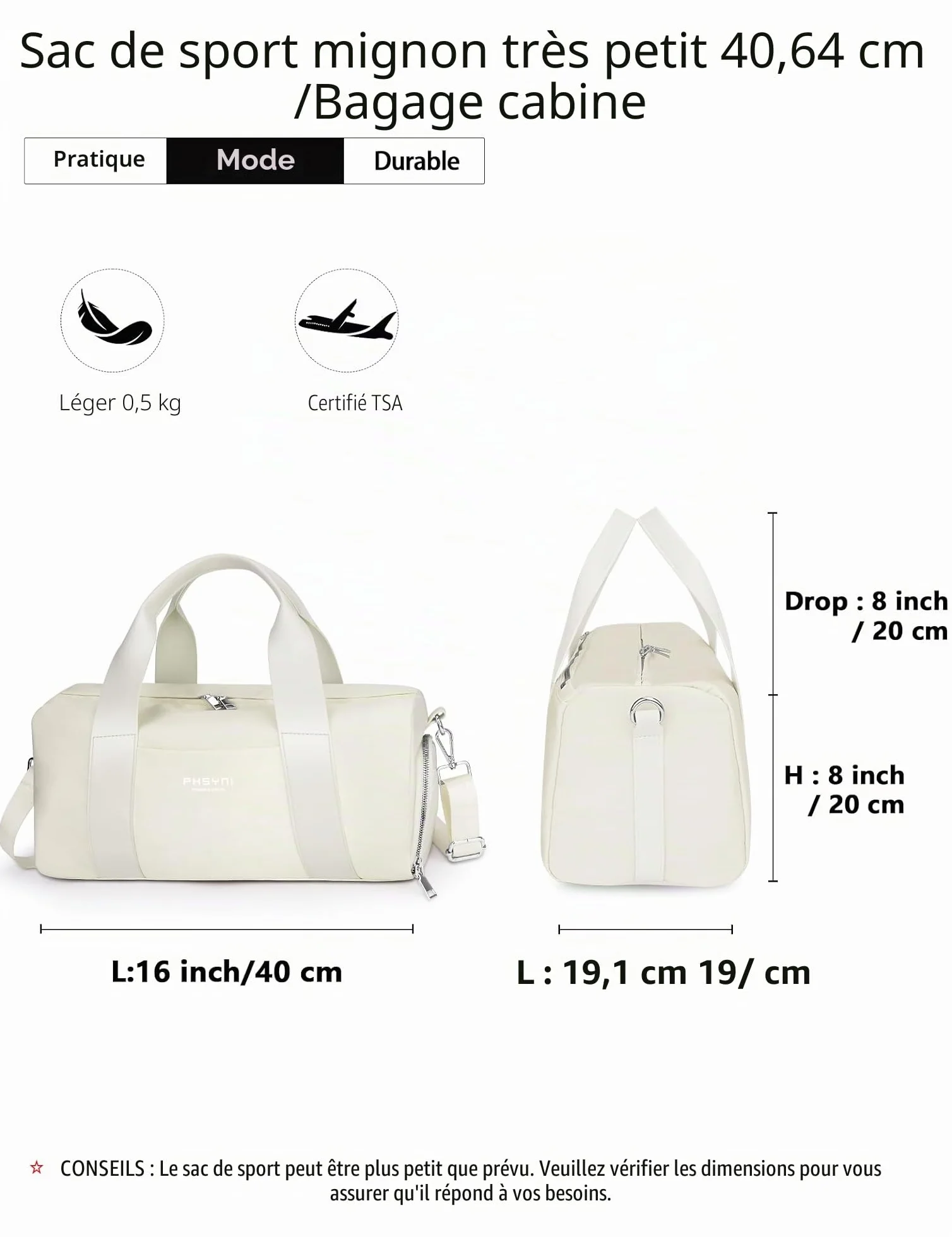 Sac de Sport et Voyage 16 Pouces avec Compartiment Chaussures Poche Imperméable Femmes Enfants Beige 40x19x20 cm 15L