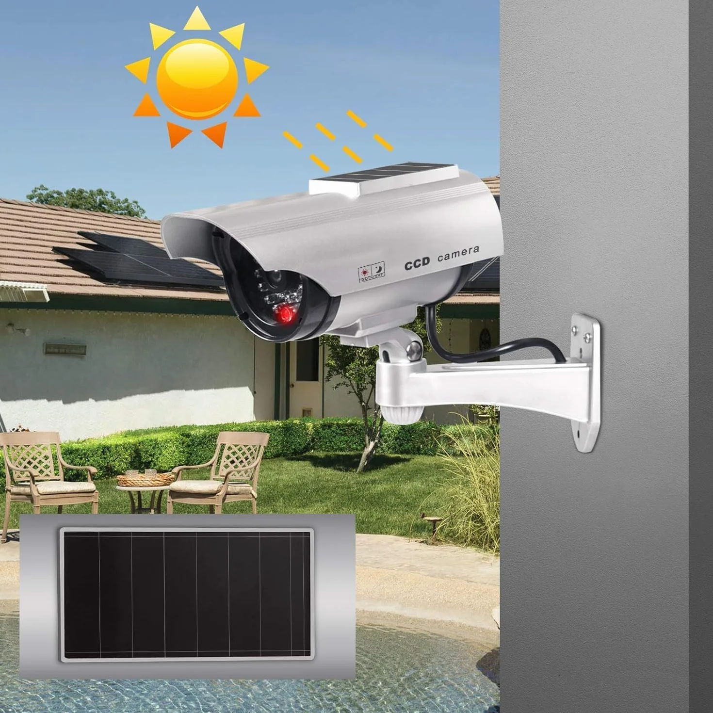 ERWEY 2 pièces Caméra Solaire LED Flash caméra virtuelle, caméra de sécurité Solaire CCTV analogique Surveillance virtuelle caméra de sécurité, Argent