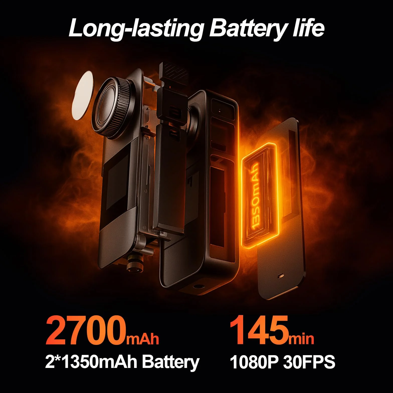 Caméra Sport HD 1080p avec Carte Mémoire 32GB, 2 Piles 1350mAh et Accessoires